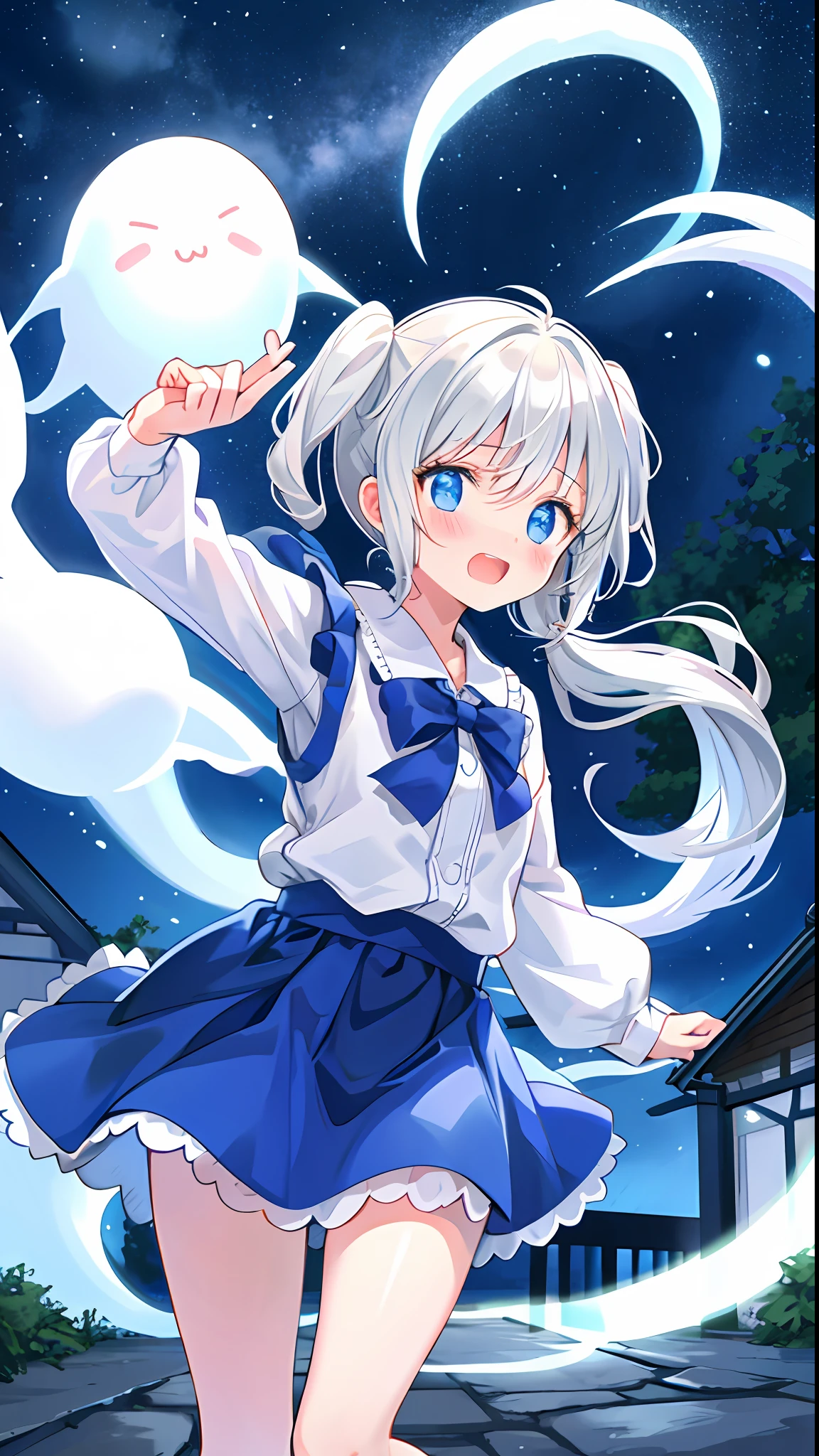 beautiful illustration, best quality, cute girl, outdoor, at night, ghost, scared, sprinting, (tears:0.8), short twintails