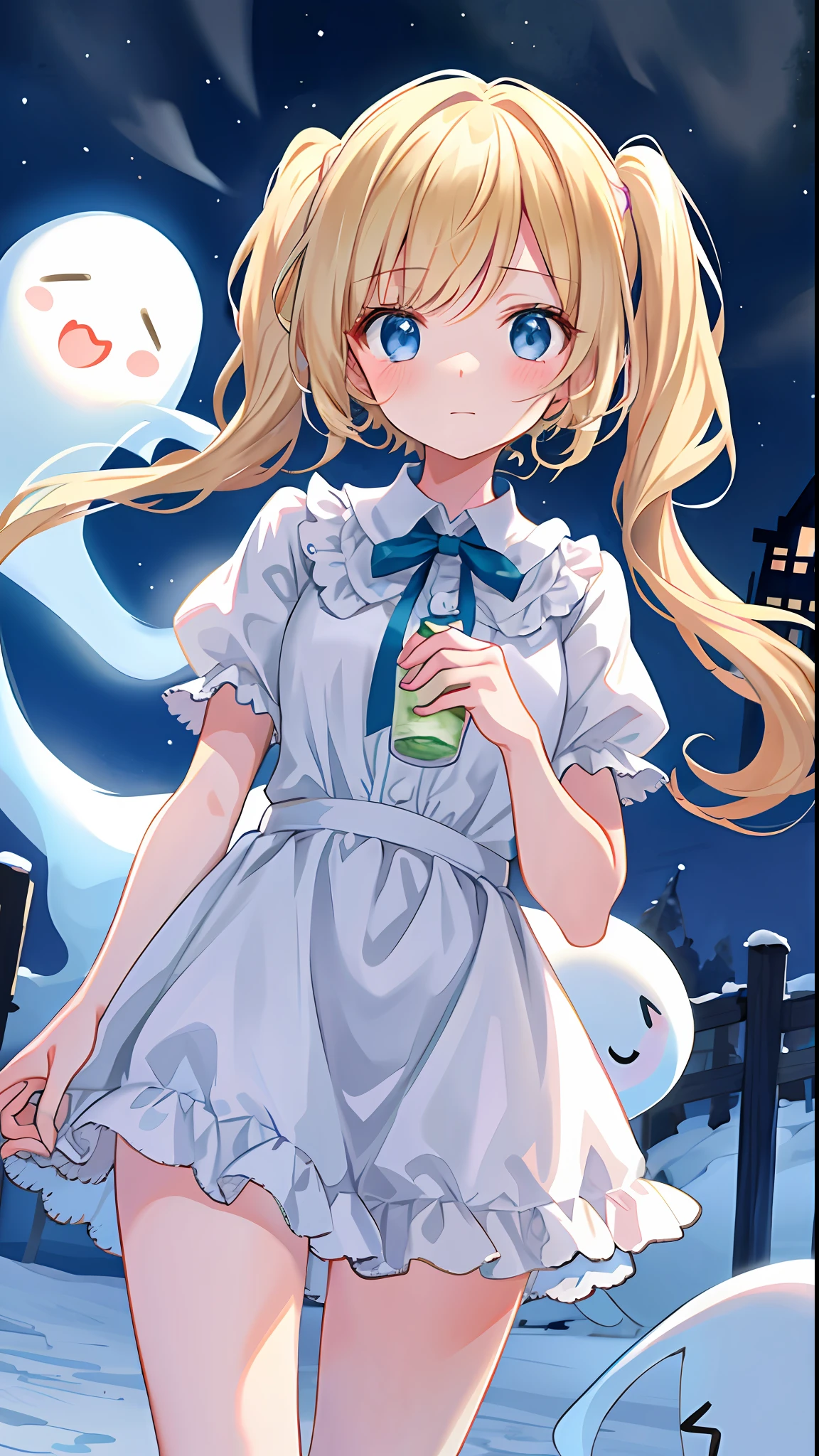 beautiful illustration, best quality, cute girl, outdoor, at night, ghost, scared, sprinting, (tears:0.8), short twintails