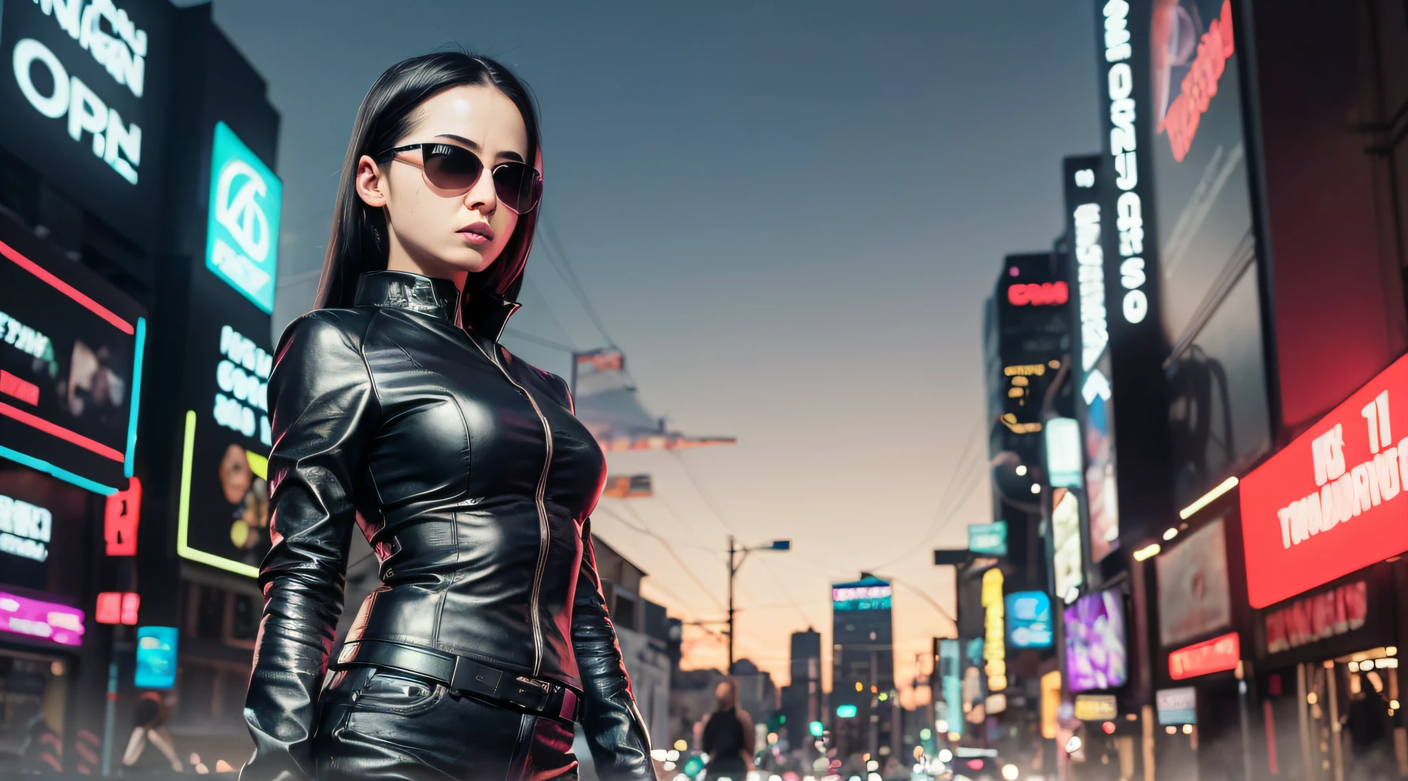 Image of a girl in sunglasses and black shirt, from the new movie, 4K comic wallpaper, Matrix, Matrix Lut, no text, science fiction, Neo from Matrix, Matrix Movie Color Grading.