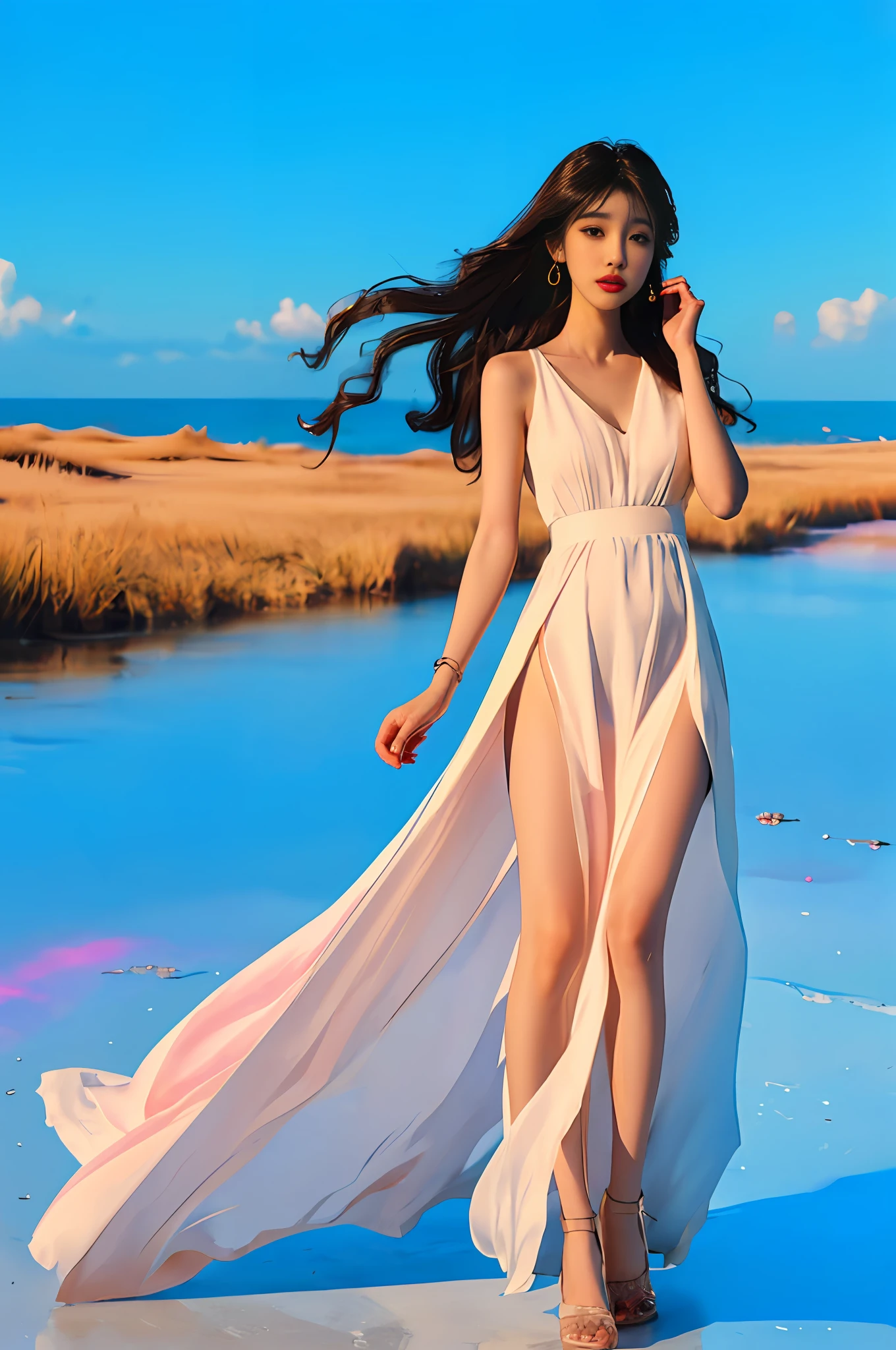 (8k, RAW photo, photorealistic:1.25), ( lip gloss, eyelashes, glossy side, shiny skin, best quality, ultra high resolution, depth of field, chromatic aberration, caustics, wide light, natural shadows, headwear, Kpop idol), (dreamy and romantic compositions: 1.5), light pink style, 1girl, (sky witch: 1.5), tall and thin beauty goddess, flowing dress, conservative girl, cloud goddess, flowing white fabric, wearing flowing dress, realistic, blue sky on background, (wind: 1.5), (full body: 1.5), add_detail,