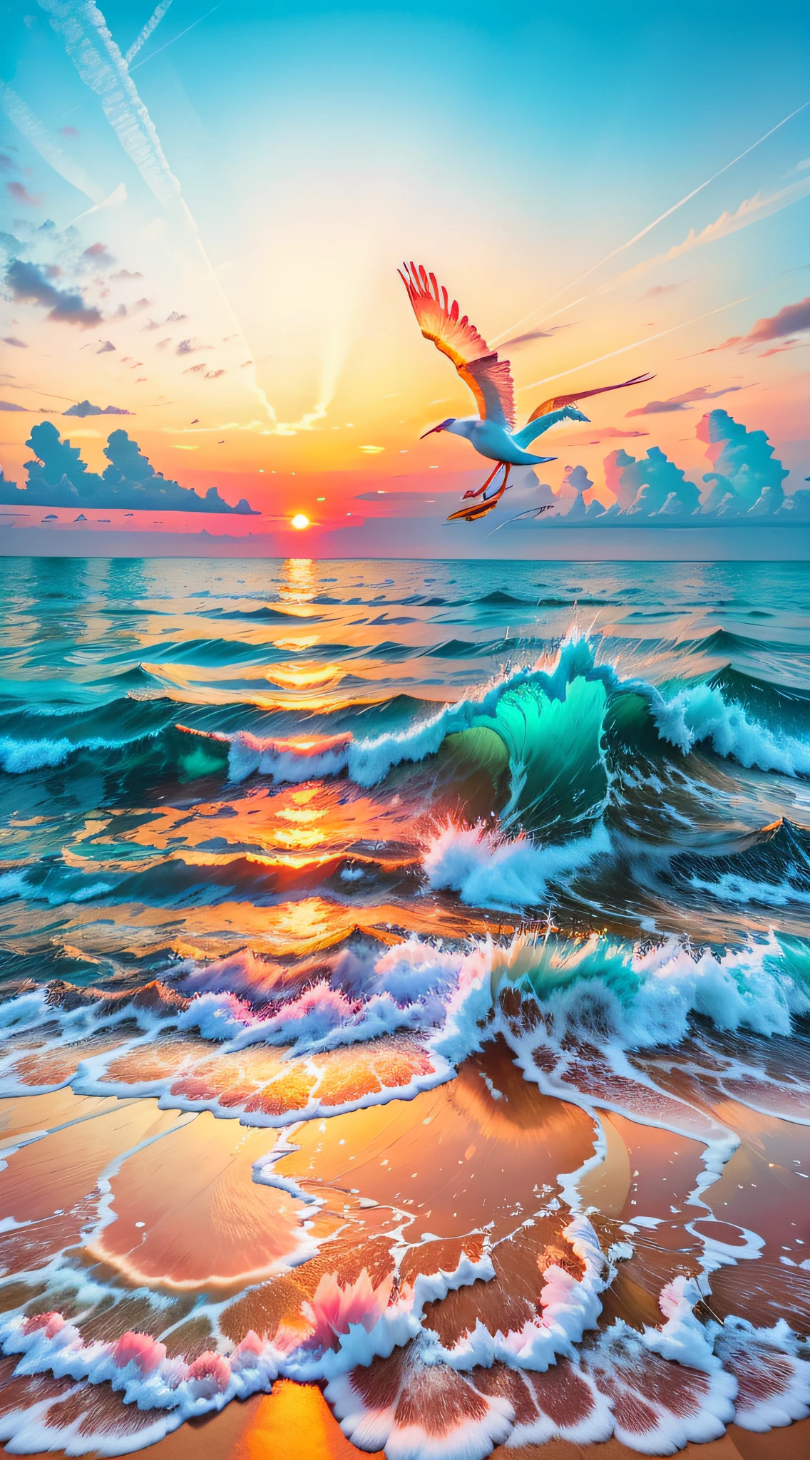 Absolutely mesmerizing sunset on the beach with a mix of oranges, pinks and yellows in the sky. The water is crystal clear, gently kissing the shore, and the white sand is endless. The scenes are action-packed and breathtaking, with seagulls soaring high in the sky and palm trees swaying gently. Immerse yourself in the calm atmosphere and let the serenity surround you.