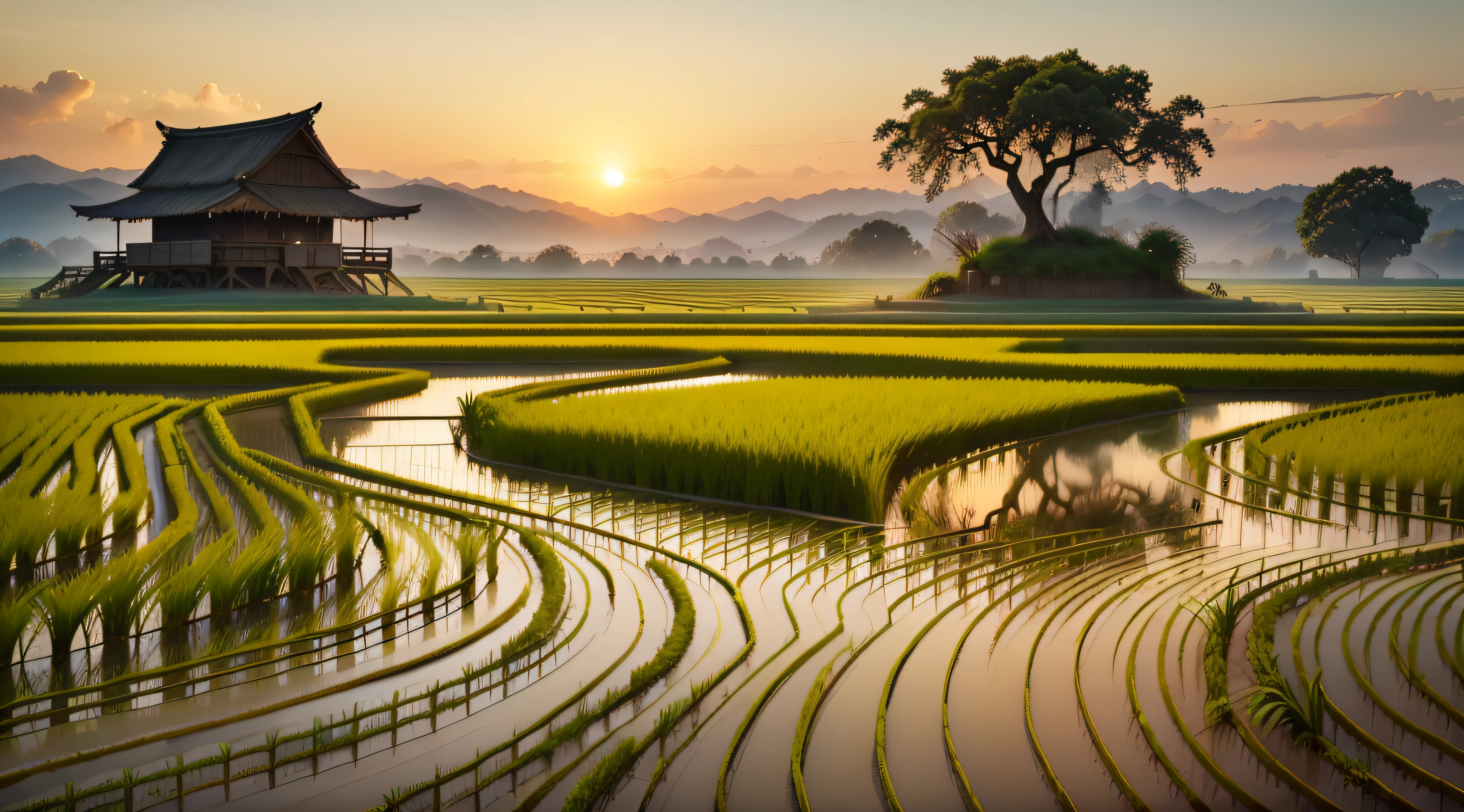 The scenery of the rice fields always gives people a sense of calm and spaciousness, as if soothing the softness of the depths of the soul. On an early morning, the breeze blows and the ears of rice in the rice fields glow golden yellow in the sun, which is a beautiful start.

The ears of rice in the rice fields rise high and sway in the wind, like patches of golden ocean, choppy waves. Under the sunlight, the rice ears feel as dazzling as gold, giving off an intoxicating aroma that makes people feel incomparably beautiful.

In the rice fields, countless farmers are busy working, walking around the fields with hoes, shovels or large baskets on their backs. They worked hard, sweat rolling down their foreheads, stirring up circles of ripples.

There is a small stream in the rice field, the water is clear and transparent, the water is gurgling, quiet and wonderful. By the stream, the lush reeds and weeping willows gently sway, seemingly bringing a sense of vitality and vitality to the stream.

As the sun sets, the ears of rice in the rice fields keep rubbing with the evening breeze, making a rustling sound. In this calm atmosphere, the birds in the rice fields sing nocturnes and the calls of cicadas are heard, giving a sense of tranquility.

As night falls, the scene in the rice fields becomes even more beautiful. In the darkness, the ears of rice stand in the wind, like patches of black ocean, exuding a mysterious aura. In the middle of the rice field, the lights of the farm flicker among the ears of rice, creating a romantic atmosphere for the entire rice field.

In short, the scenery of the rice fields is always full of vitality and beauty of life. Here, you can feel the gift of nature and the essence of life, which makes people feel