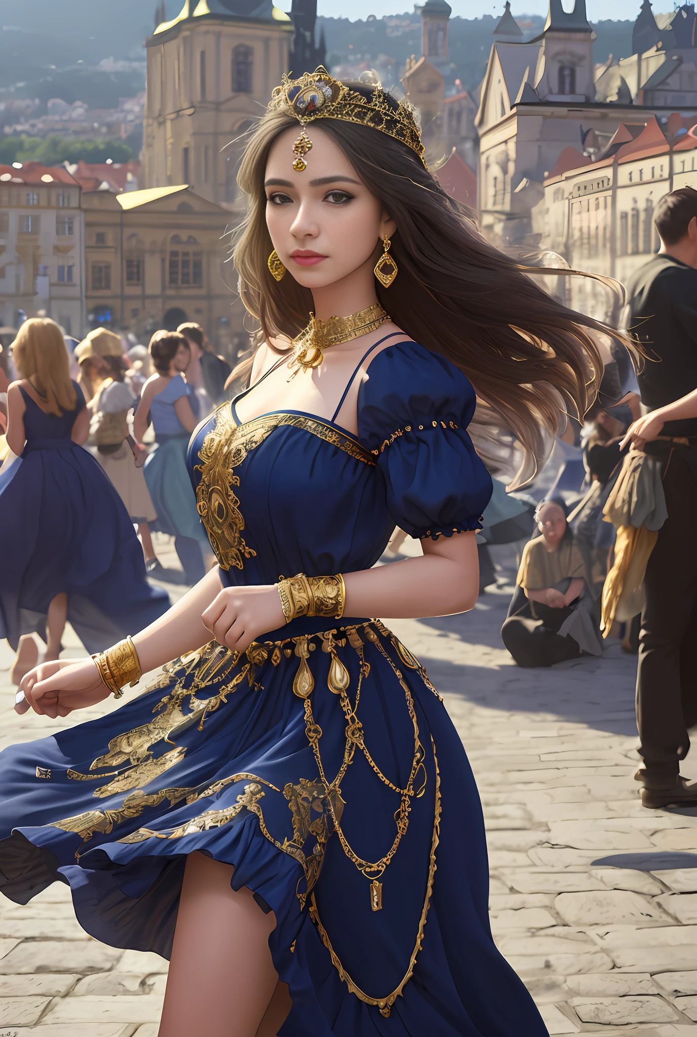 (masterpiece, best quality, realistic),
1girl,Prague Old Town Square background, gypsy dress, dancing, intricate, dark blue dress, gold, gypsy person, banquet, crowd, picking up skirt,pale skin,
[slight smile],