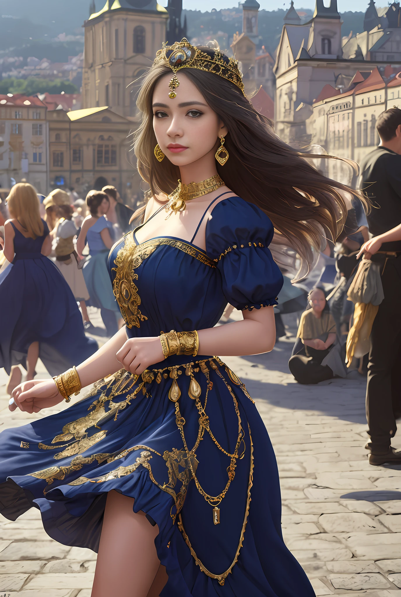 (masterpiece, best quality, realistic),
1girl,Prague Old Town Square background, gypsy dress, dancing, intricate, dark blue dress, gold, gypsy person, banquet, crowd, picking up skirt,pale skin,
[slight smile],