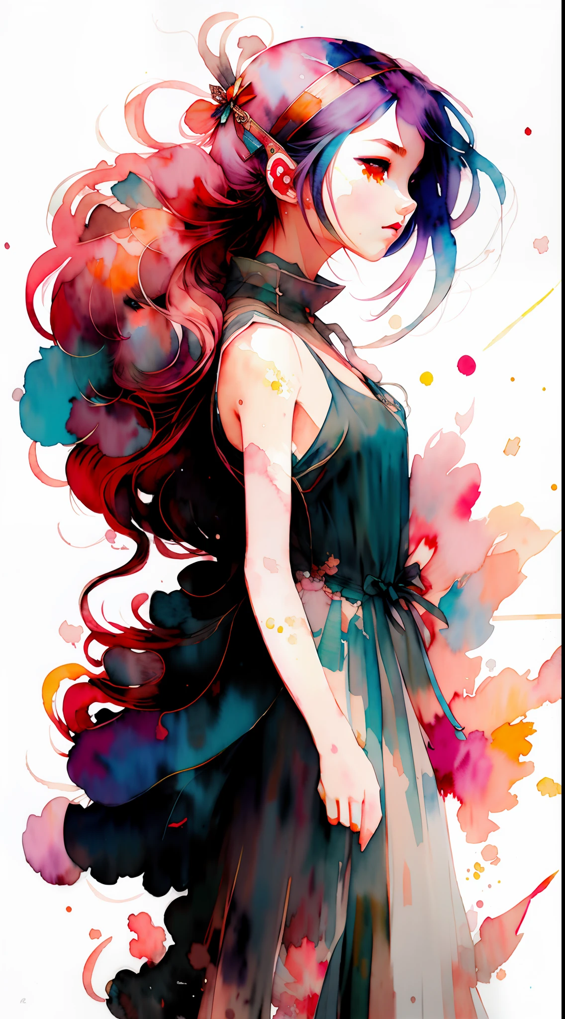 wtrcolor style, (girl) digital art, official art, blowin' in the wind, masterpiece, beautiful, (((watercolor)), paint splatter, anime, intricate details. Great detail, [drip: 0.7], trending on art station, Rachel Walker