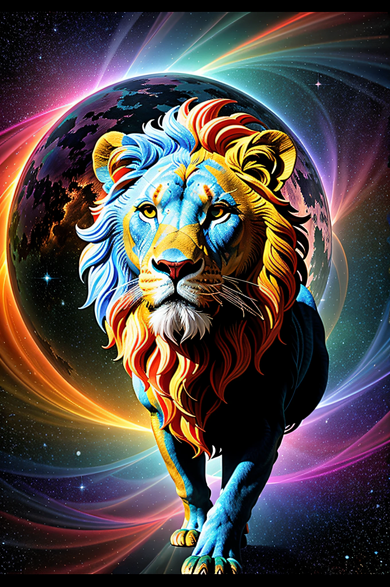 absurd, ultra detailed, Create an image using a prism effect, with light refraction and creating a colorful and kaleidoscopic appearance. Create an image with fisheye lens effect, capturing a wide field of view with a distinct, curved perspective. Capture of a lion with imposing Greek sculpture style expression, with a beautiful nebula in the colors baby blue and purple, conveying a sense of tranquility and natural beauty. , Illustrate a monochromatic world, convey depth, emotion and a stunning visual impact.