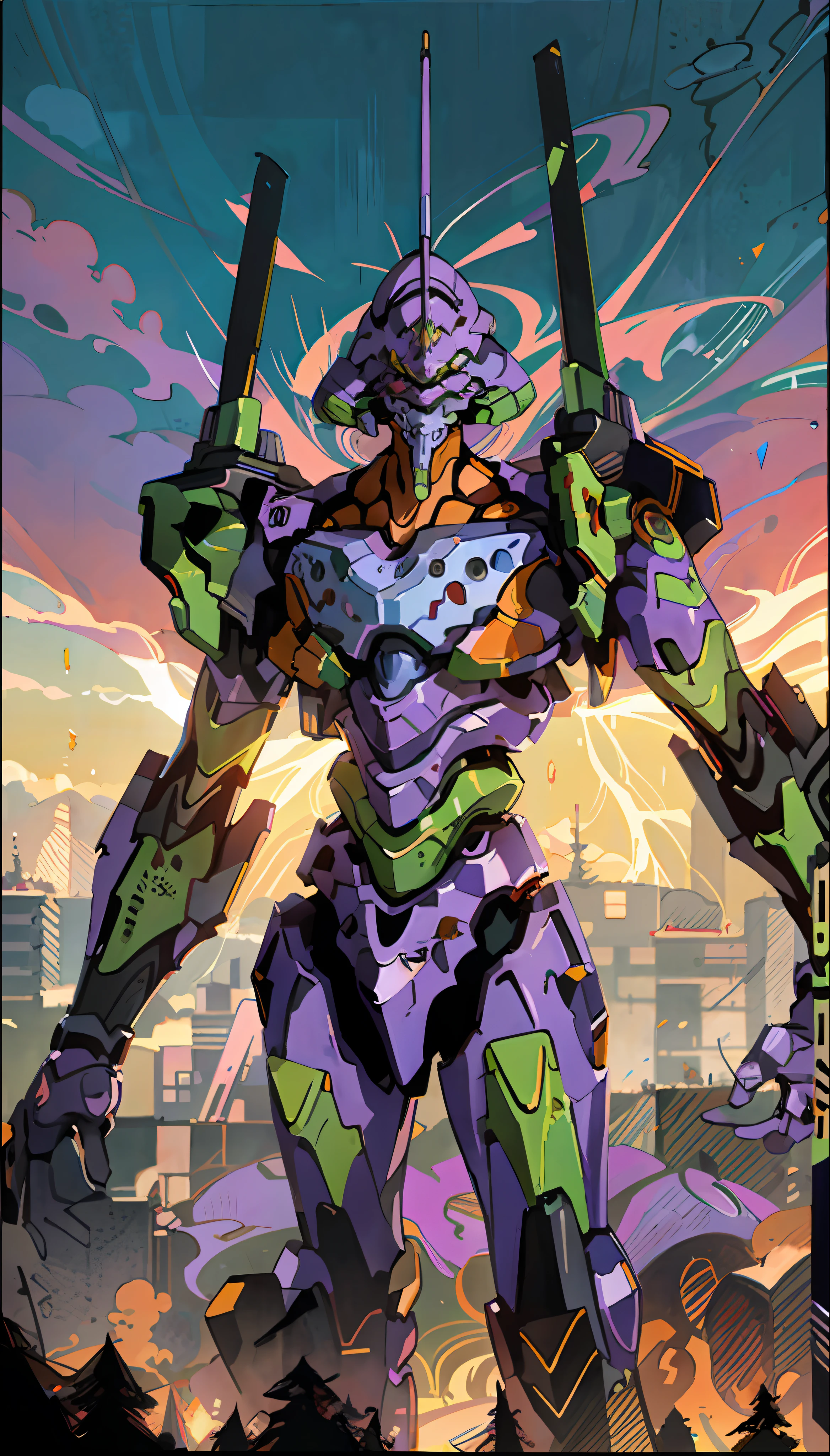 Eva 01,EVA 01,EVA, Eva, Evangelion mecha, (official art, best quality, masterpiece: 1.2), Illustrations, high resolution, beautiful abstract background, futuristic, sky, tech style, titanium, mecha, depth of field, wide angle, handheld weapon, fight, jump, rampage,