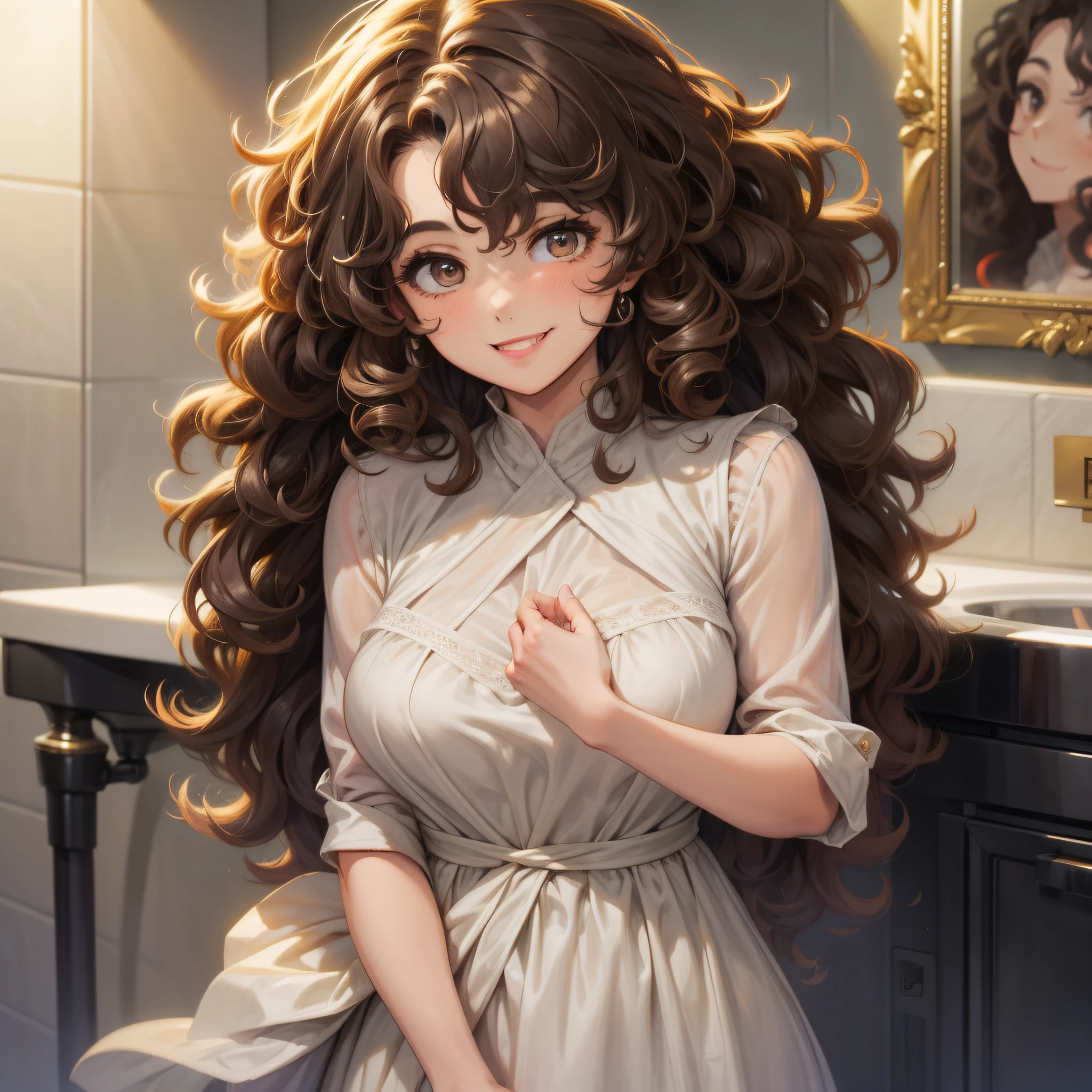 There is a woman with curly hair smiling in a bathroom, short curly dark hair smiling, smiling happily at the camera, beautiful and smiling, curly hair, messy curly hair, curly, she is smiling, she is smiling and happy, very silly looking, headshot profile picture, po, insane smile, curly hair, very slightly smiling