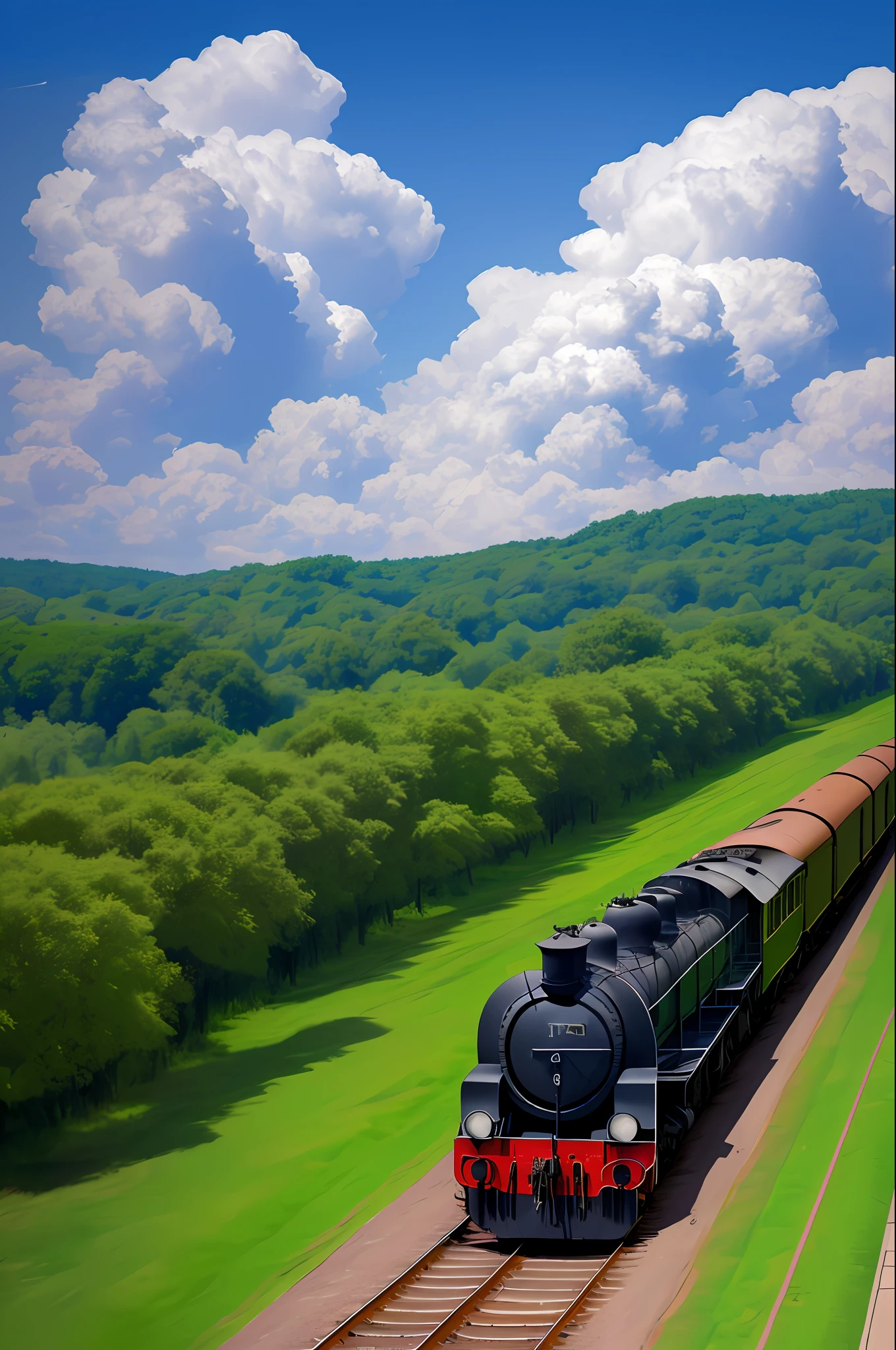 (hot clouds), locomotive, train, illustration, trees, flowers