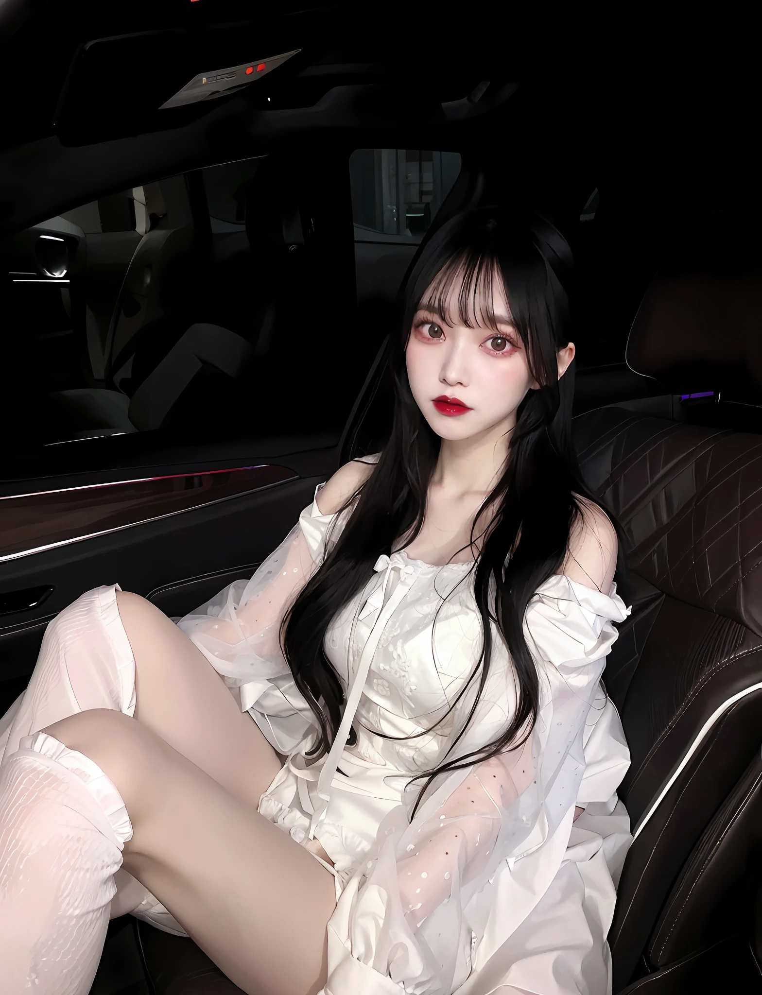 araffe sitting in a car with a white dress and stockings, ulzzang, guweiz, pale snow white skin, pale milky white porcelain skin, pale porcelain white skin, cruel korean goth girl, milky white skin, pale fair skin!!, with white long hair, pale goth beauty, long white hair and bangs, white hime cut hairstyle