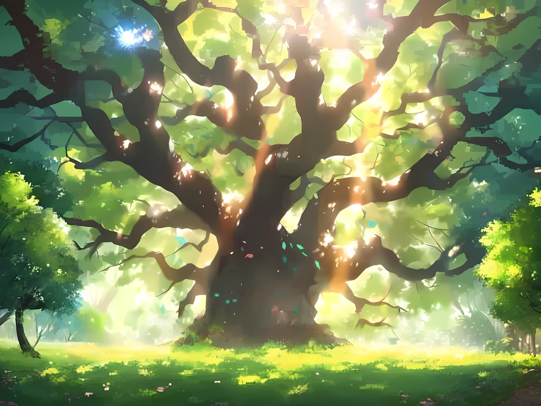 anime, a tree with a lot of leaves and a sunbeam, studio ghibli sunlight, magical tree, magic tree, colorful anime movie background, made with anime painter studio, anime beautiful peace scene, anime nature, anime background art, treant, large magical trees, painted in anime painter studio, beautiful anime scene, fantasy tree, epic concept art. bokeh