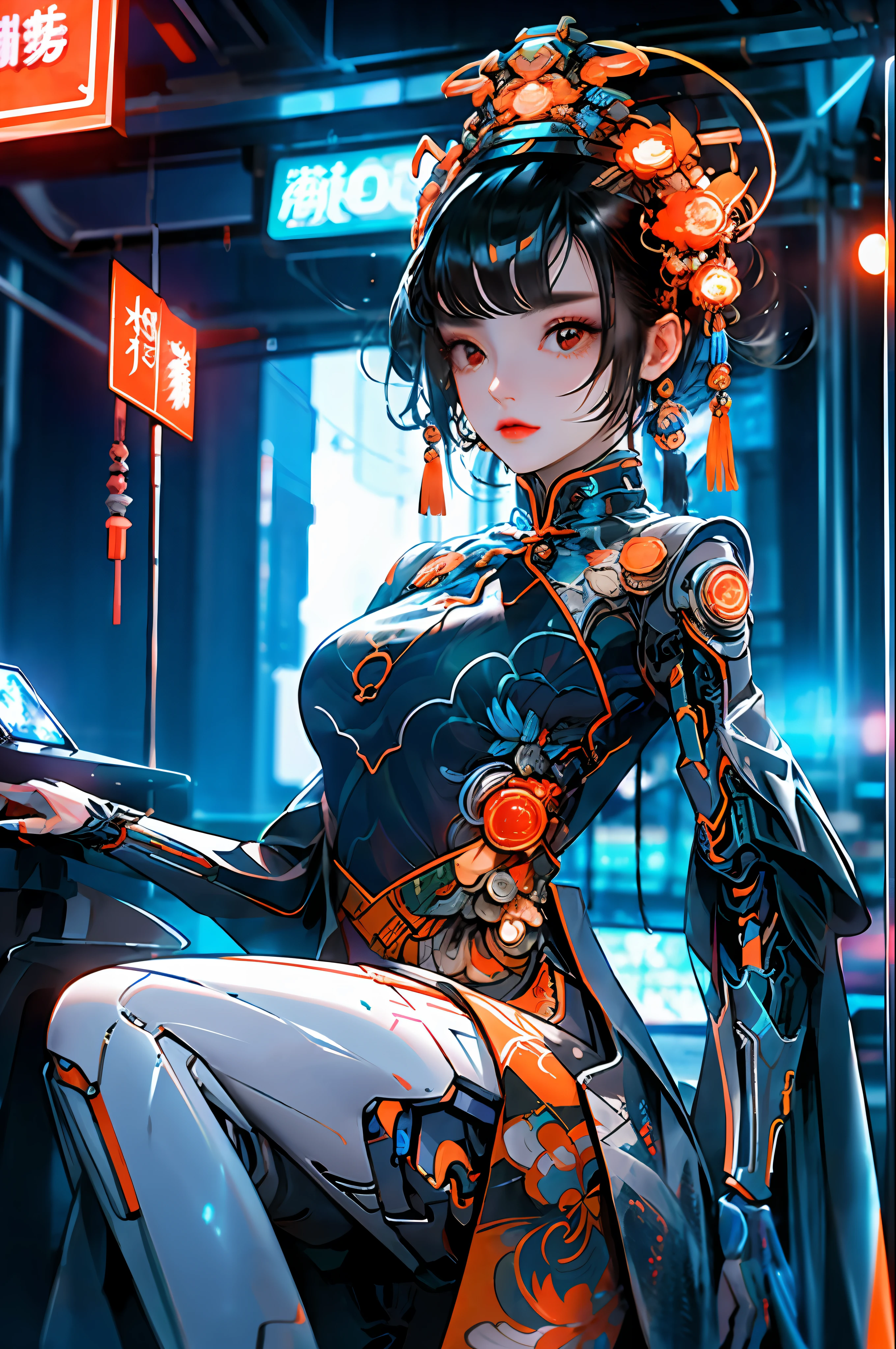 1 girl, Chinese_clothes, white and orange, cyberhan, cheongsam, cyberpunk city, dynamic pose, tiara, hair accessories, long hair, cyberpunk, high-tech city, full of mechanical and futuristic elements, futuristic, technological, glowing neon, orange, orange light, laser, digital background city sky, big moon, with vehicles