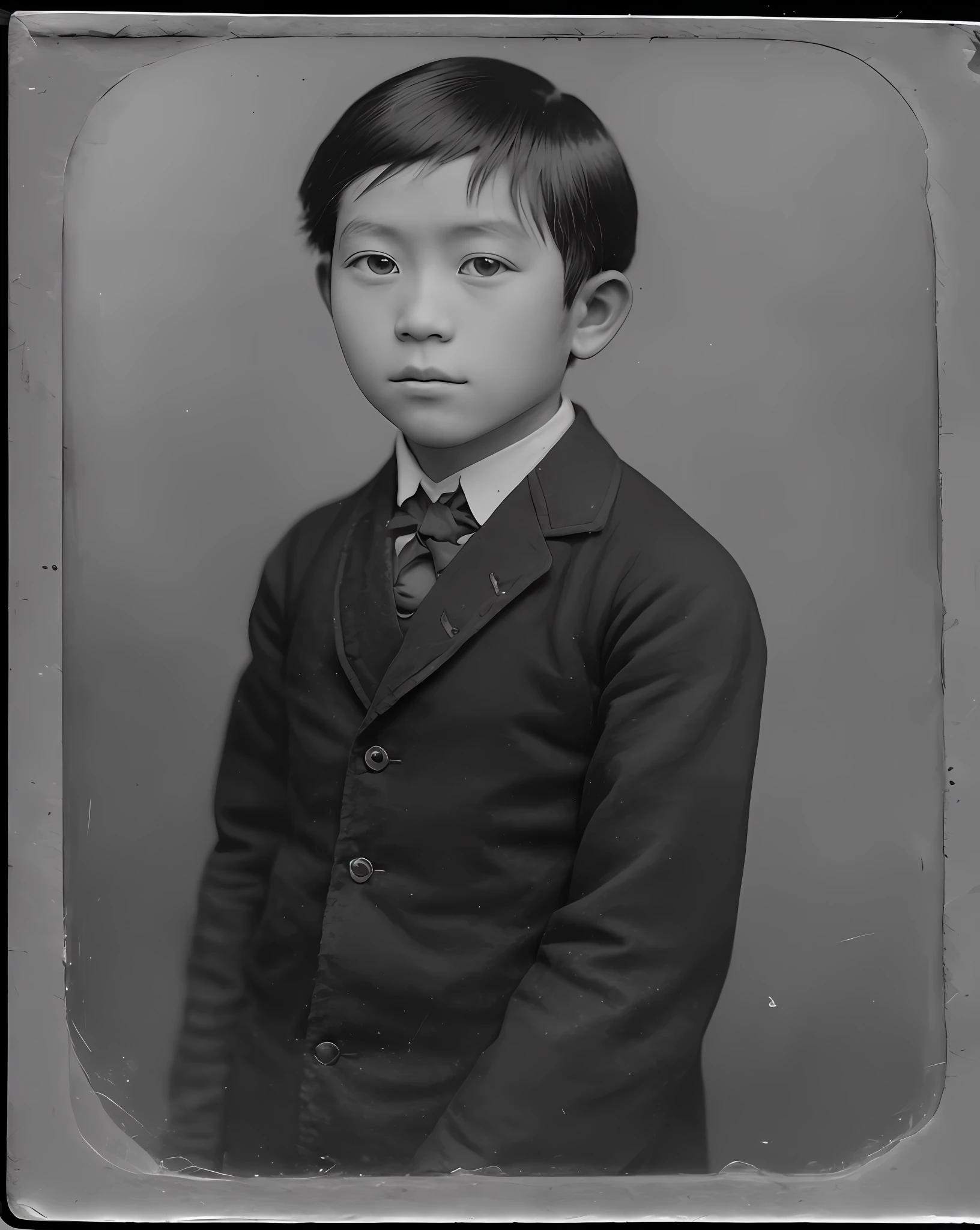 Old black and white Daguerreotype portrait of a 9--old anese boy during the 30's in Japan. (hyper-realistic), (highly detailed skin: 1.2), 8k uhd, dslr, soft lighting, high quality, grain film, Fujifilm XT3