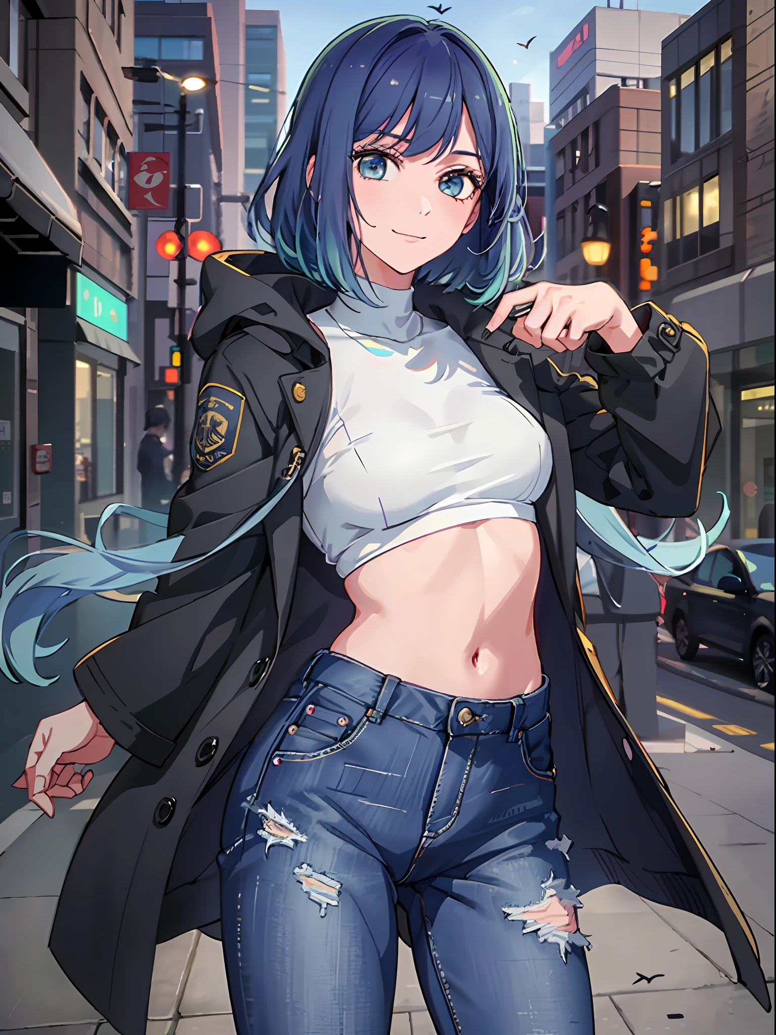 (RAW Photos, Top Quality, Masterpiece), (Real, Photoreal), 1 Girl, Solo, Akane, Blue Hair, Black High Neck Long Sleeves, Coat, Jeans, 3D, Realistic, Live Action, CG, Glowing Hair, Fluttering Hair, Lustrous Skin, Smile