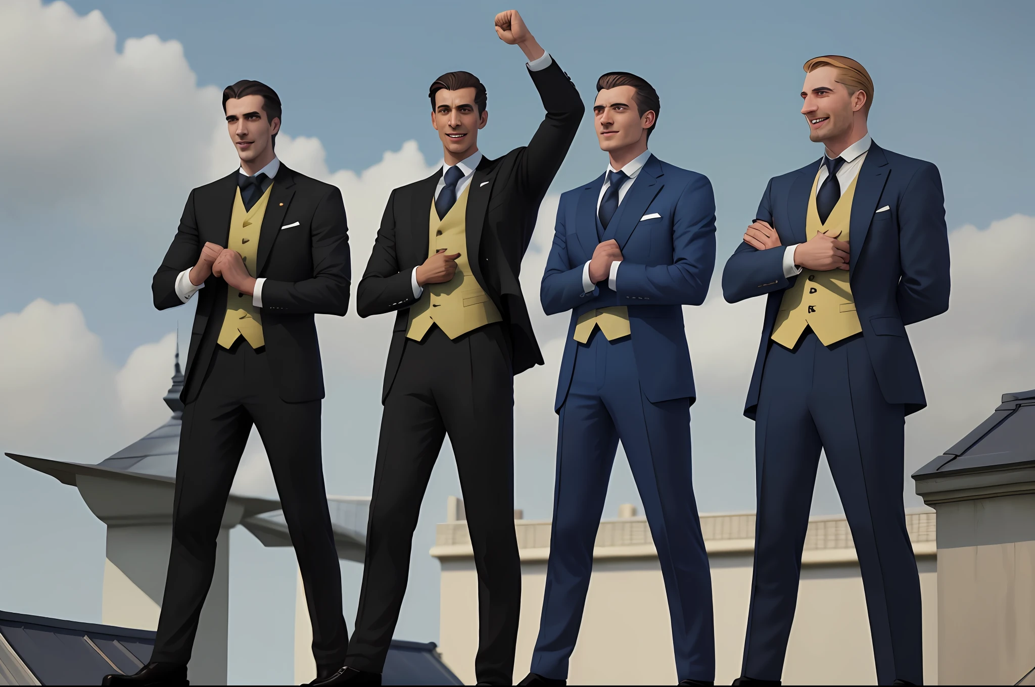 four men in suits are standing on a roof with their hands in the air, men look up at the sky, épaule devant pose, triumphant pose, fists in the air, pose(arms up + happy), exceptional, shutterstock, standing triumphant and proud, being delighted and cheerful, wearing suits!, competition winning, business men, marketing photo
