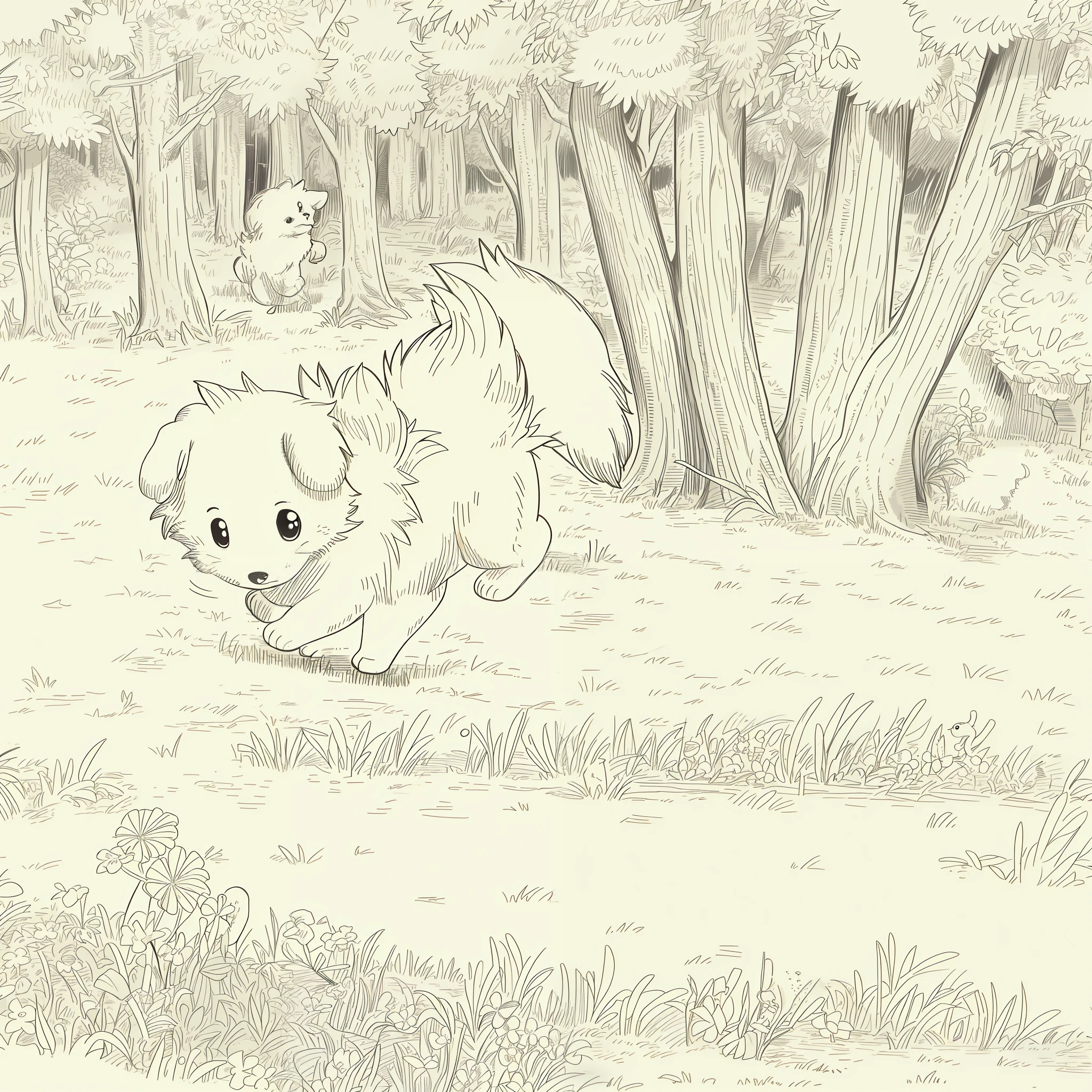 (High quality, 8k) line drawing, lineart, black and white, cute and fluffy chihuahua dog running in the forest with trees and flowers