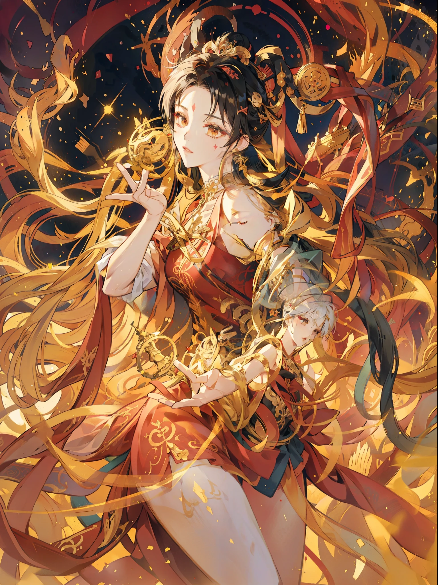 A masterpiece of a Buddhist Guanyin Bodhisattva, white super long hair, long flowing hair, exquisite jewelry, delicate bracelets, exquisite hair accessories, high on the top, aperture on the back, fairy air fluttering, holding various magic weapons in his hand, golden bracelets on ankles, ancient Chinese costumes, robes, gorgeous silk, flowing tulle, dazzling background, golden aperture on the back, gold Falun in the back, best light, backlit shooting, movie filter, (hands together), (thousand hands Guanyin statue), ultra HD, 8k, Fair skin, Wolp_style, duhuang_style, upper body close-up, detailed face, 28 years old, 1girl, fitness marks, slim figure, a little muscular, vest line, leaning back curved body, digital illustration art, superlative art drawing, (abstract background: 1.3), (many colors: 1.4), (earrings), (Flamethrower: 1.3),red background