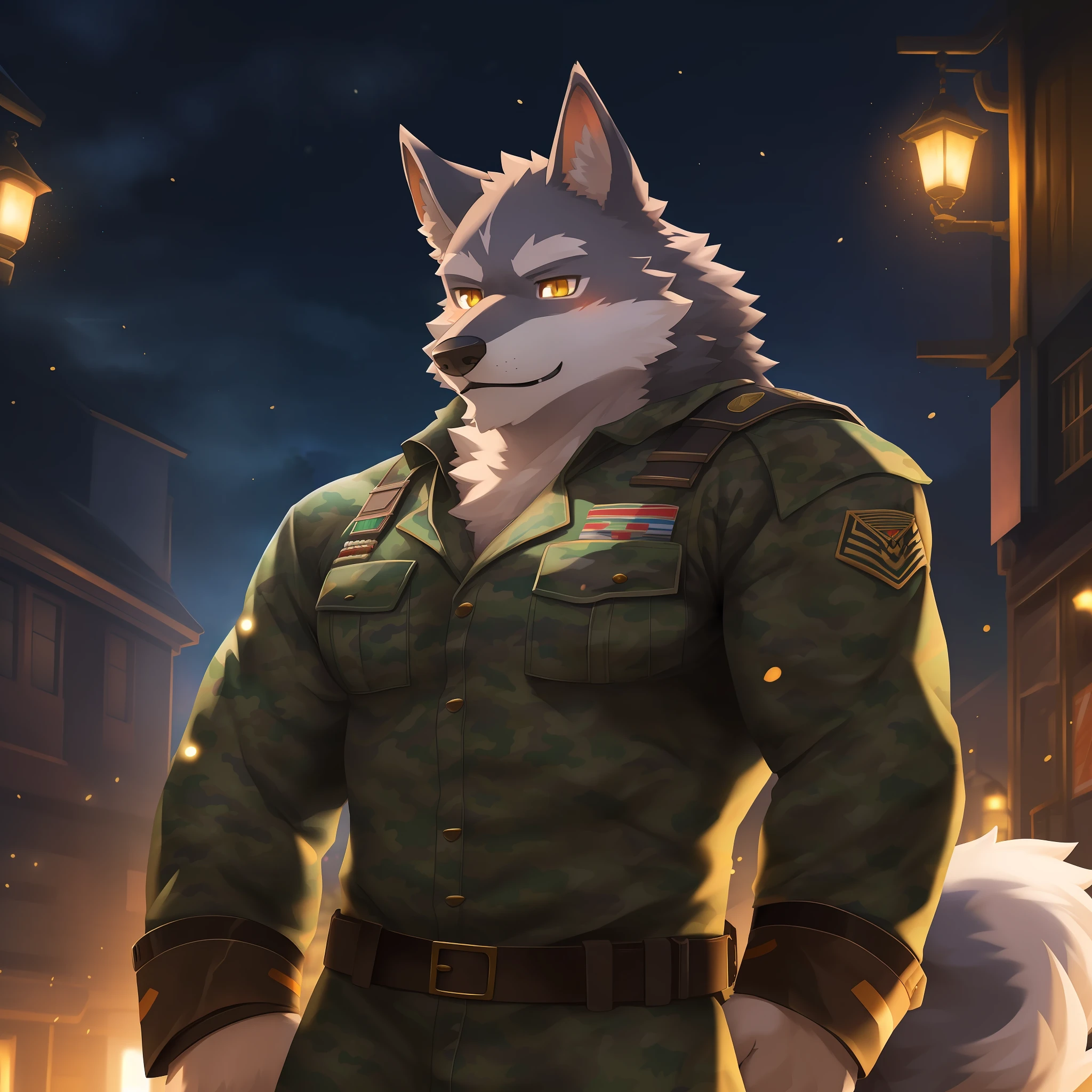 solo, (middle-aged male), (muscular,rascal mustache), shaman, (male anthro wolf):1.3, black body, white belly, (standing):1.3, (kemono:1.4) (praying):1.23, (detailed camo costume, soldier uniform, grass green Pattern: 1.2), detailed eyes, wolf tail, wolf ears, ((bust portrait)), (detailed eyes, golden eyes,): 1.1, (outdoor: 1.35), wind, street lights, street, stars, night , (particles, scattered letters, orange glow): 1.3, detailed background, realistic, realistic hands, 8k hd, (dark shadows, wide dynamic range, hdr, low light: 1.2)