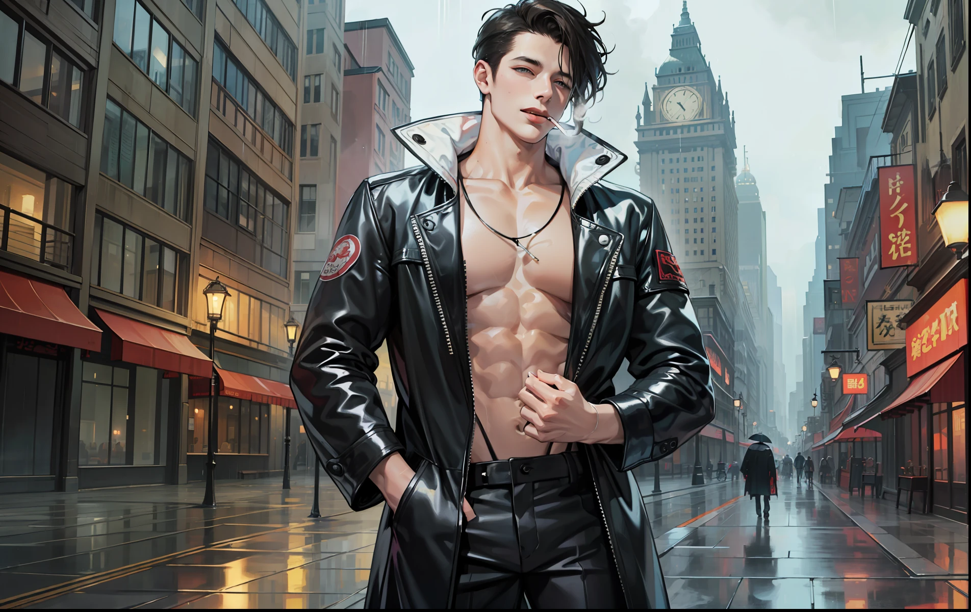Man holding cigarette Rainy day Messy hair 8k best quality Masterpiece Very detailed wallpaper waist wrapping whole body thin waist wet body evil grin tall man licking tongue pavilion rain tall building jacket
