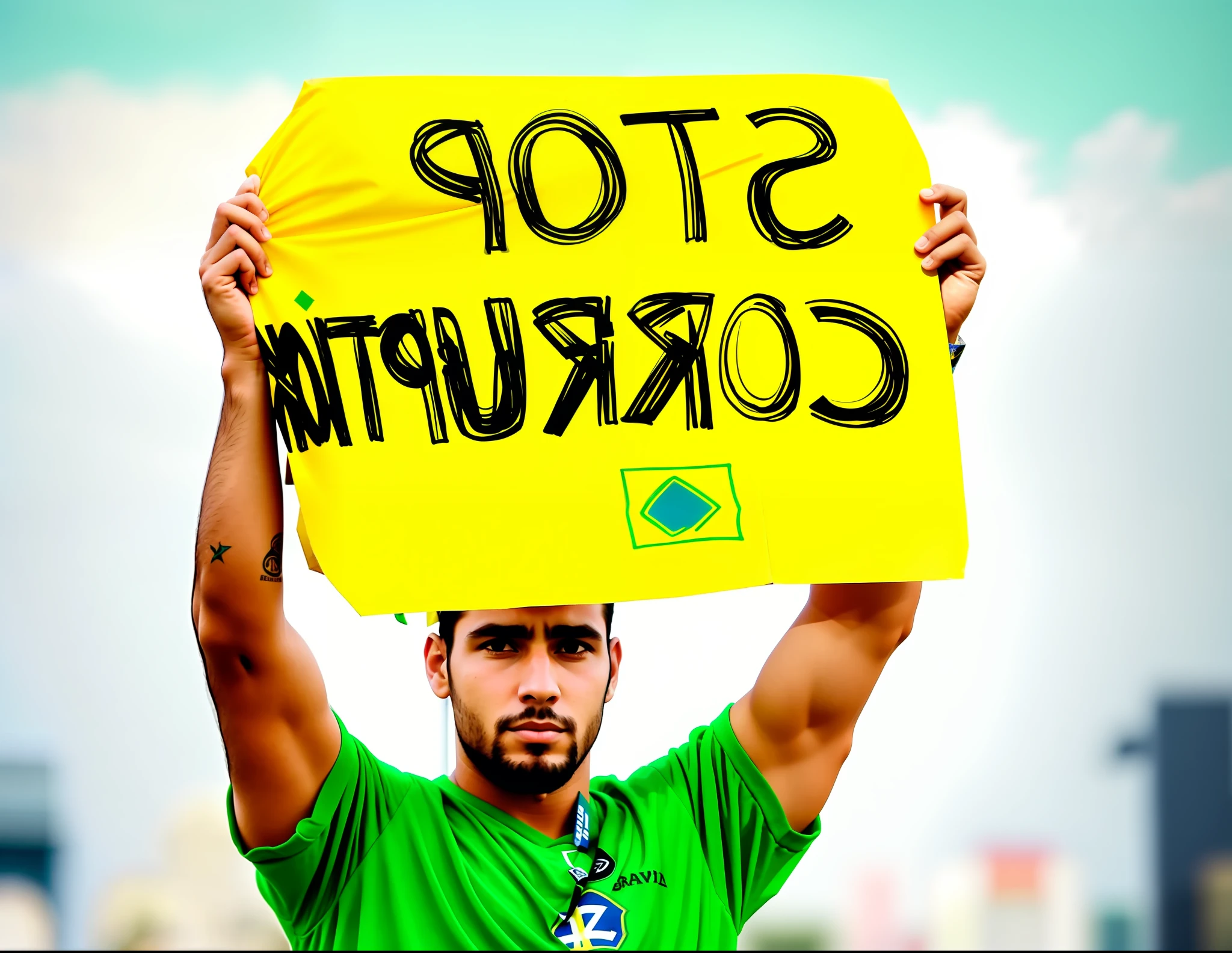 has a man holding a sign that says stop corruption, brazil,yellow green shirt of the brazilian national team godsent, nick silva, by Roger Style