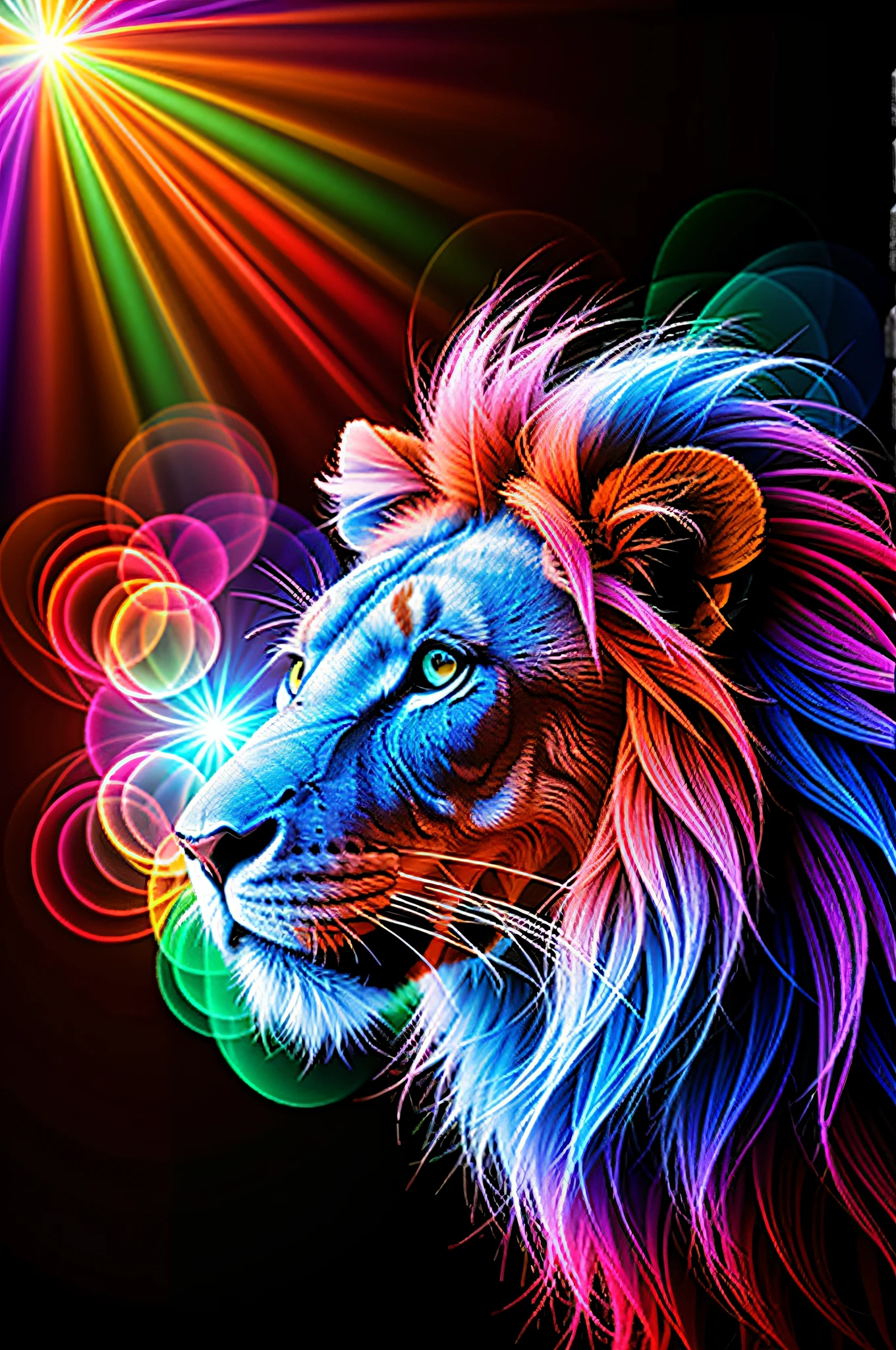 absurd, ultra detailed, Create an image using a prism effect, with light refraction and creating a colorful and kaleidoscopic appearance. Create an image with fisheye lens effect, capturing a wide field of view with a distinct, curved perspective. Capture of a lion with imposing Greek sculpture style expression, with a beautiful nebula in the colors baby blue and purple, conveying a sense of tranquility and natural beauty. , Illustrate a monochromatic world, convey depth, emotion and a stunning visual impact.