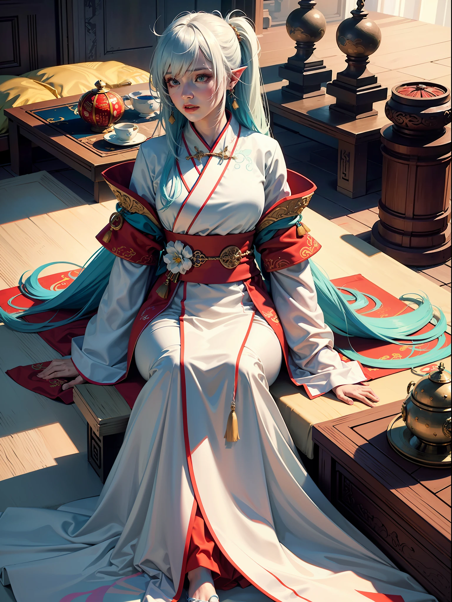 Concept Art, "1 Couple, Male Focus, Fin Ears, Multicolored Hair, Handsome Boy, Long White Hair, Tassels, Bangs, Carp, Colorful, Bold Colors, White Kimono, (Open) Kimono, Traditional Chinese Clothing, Close-up, Intimate Interaction in Bed, Stud Earrings, Rings, Sweat, Illuminate People", Colorful, Master Composition, Focus on Key Figures, Realism, Masterpiece, Award-Standing, Best Quality, Masterpiece, Ultra Detailed, 8K, Extremely Detailed CG Unity 8k wallpaper, complex, highly detailedrealistic