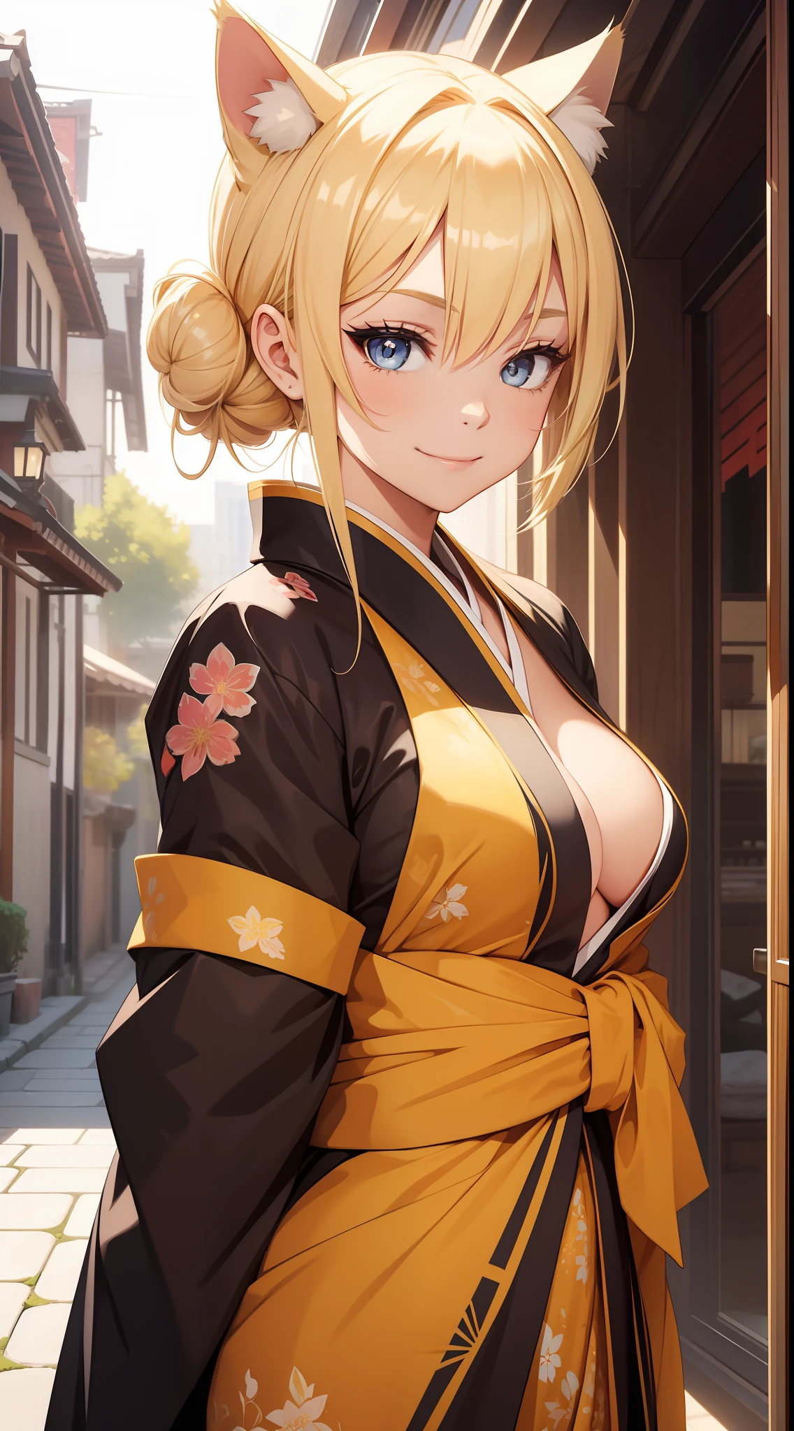 Young girl, blonde hair in a bun, amber eyes, cat ears, kimono, open breasts, smile, masterpiece, high quality
