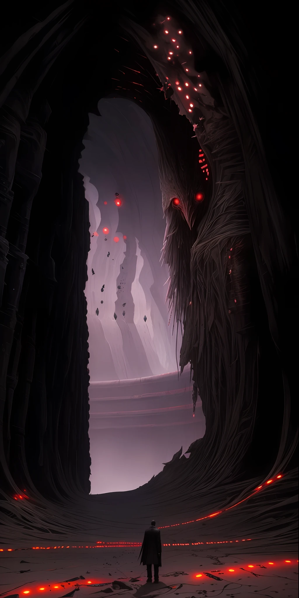 There is a bird that is standing in a tunnel, inspired by Andrew Ferez, sinister hidden creature detailed, Wayne Barlowe detailed, Wayne Barlowe concept art, inspired by Wayne Barlowe, style of wayne barlowe, michael hutter, artstyle zdzisaw beksinski, wayne - barlowe, you looking at the maw, by Andrew Ferez,(dark sky: 1.2),(beat_up:1.44),(arms_crossed:1.05), (dark_shadows_around_eyes:1.1),(white_shirt_ripped:0.6),(almost_dead:1.44),(bare_chested:0.9),(in_pain:1.44),(covered_in_wounds:1.86),(ashenhard_style:0.7)