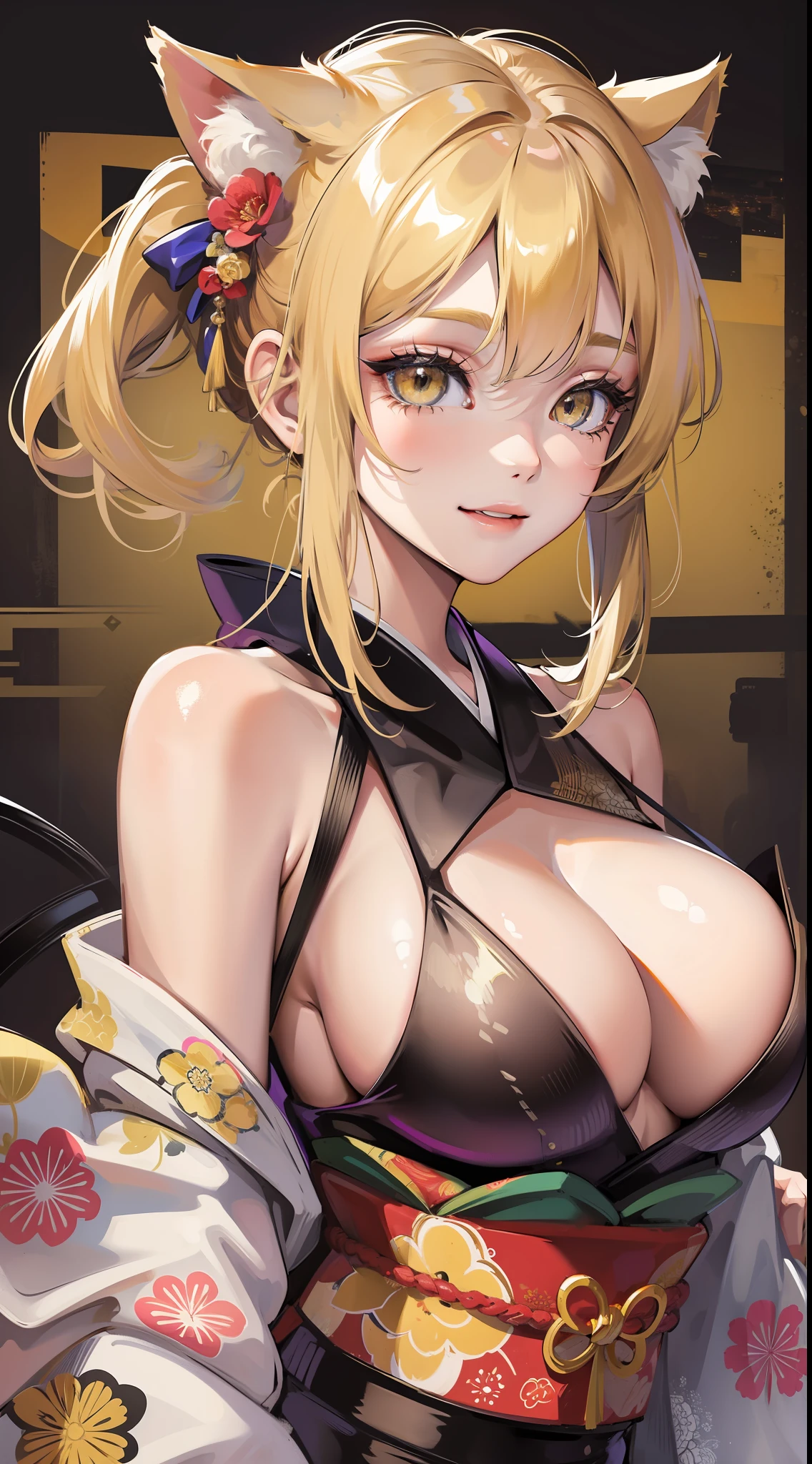 Young girl, blonde hair in a bun, amber eyes, cat ears, kimono, open breasts, smile, masterpiece, high quality