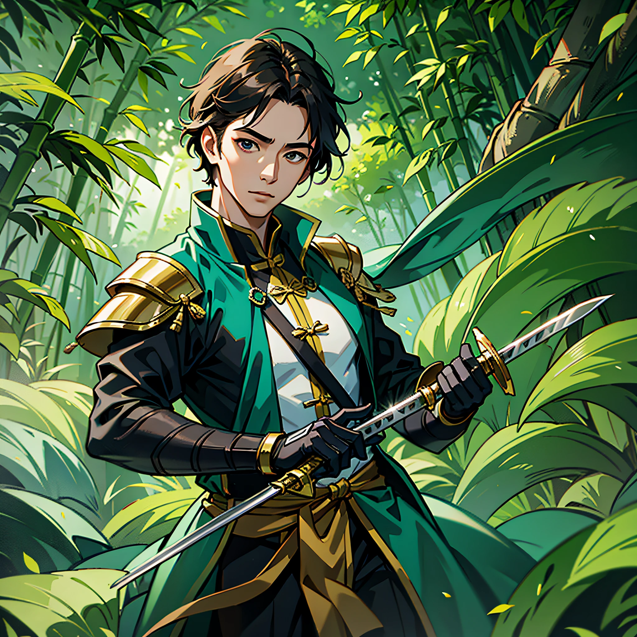 About Cheng Yi's costumed boy dancing a sword in a bamboo forest --auto --s2