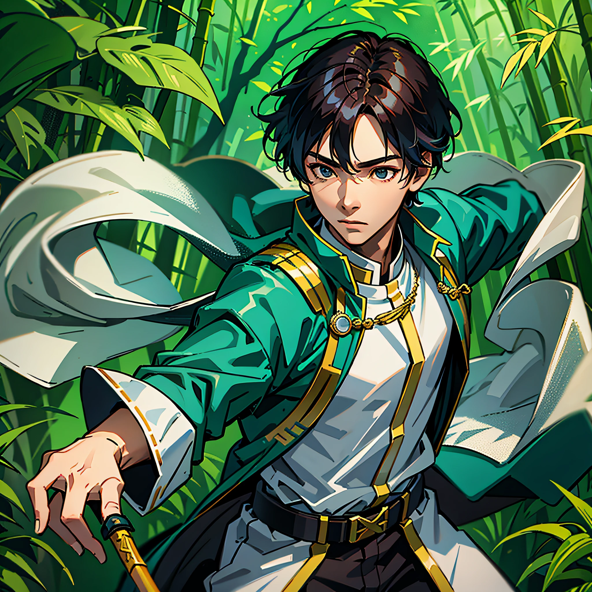 About Cheng Yi's costumed boy dancing a sword in a bamboo forest --auto --s2