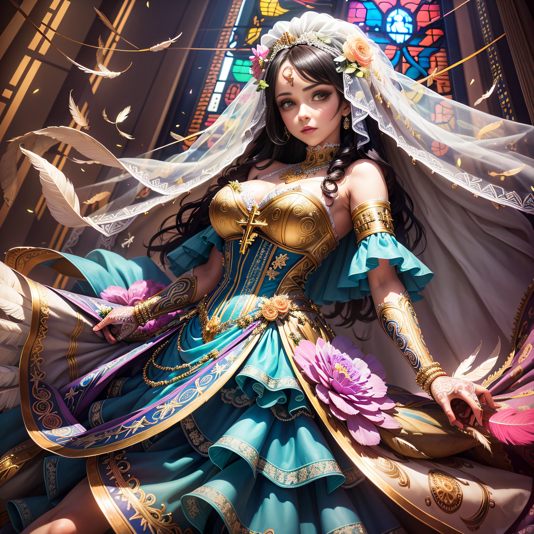 //style (Maximalism:1.3), vivid contrast, (typography:1.3), BREAK //quality and charactor (realistic:1.2), super photo realistic illustration, highres, ultla detailed, absurdres, extremely beautiful bride, (female bride:1.8), (feathers:1.3), (full body:1.3), (gothic girl dress decorated many jewelries, ultra detailed embroidery dress), (huge dress:1.5), (ultra detailed dress:1.5), beautiful long hair blowing in air, hair ornaments with jewelries and light chains, amethyst, lapis lazuli, emerald, turquoise, sapphire, topaz, (from below:1.1), //emotion (god bless you:1.5), compassionate expression, empathetic, caring, kind, content expression, satisfied, pleased, gratified, thoughtful expression, determined expression, purposeful, BREAK //background (detailed wedding background:1.5), (in the church:1.8), (depth of field:1.5), vowing, angel, angel, angel ladder, flower petals, colorful flowers, spiral, spiral staircase, BREAK //effect (colorful:1.5), blooming light effect, suspended moments, paper collage, layered compositions, varied textures, abstract designs, artistic juxtapositions, layered imagery, surreal compositions, visual storytelling,