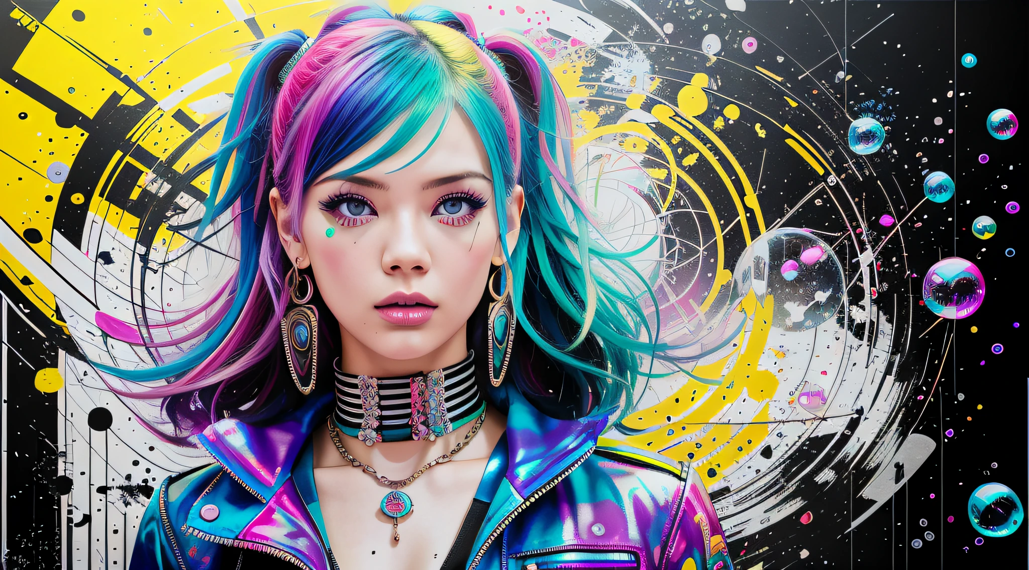 Model wearing fashionable clothes, made of sustainable material, and modern, inspired by the best designers, snthwve nvinkpunk style, (hallucinating colorful soap bubbles), by jeremy mann, by sandra chevrier, by dave mckean and richard avedon and maciej kuciara, punk rock, tank girl, high detailed, RTX, Pop art, 4k --auto --s2