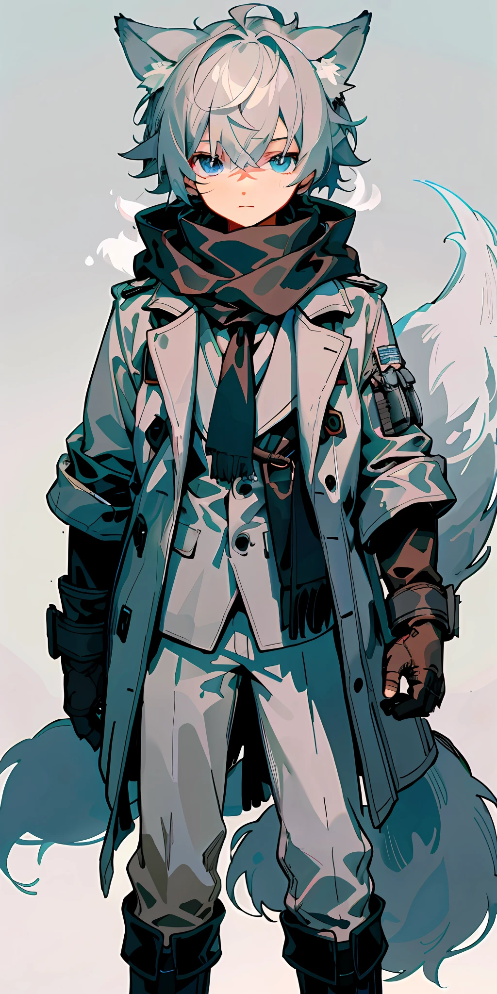 1boy, shota, (HD quality, masterpiece level), fresh and cold teenage characters, wolf ears and wolf tail highlight the character's sense of belonging, blue eyes and dark gray hair echo each other, the clean lines of the white-gray military trench coat show the character's modesty and confidence, brown scarf and black boots are rigid and soft, as if ready to go. The whole picture is simple and atmospheric, and the high and cold temperament is respectful. No background, white screen, slightly toned, HD, masterpiece, white background, dark gray hair, blue eyes, (wolf ears), (wolf tail), slim white-gray military trench coat, no hood, brown scarf, black boots, one tail, little boy, covering ears, hair covering ears