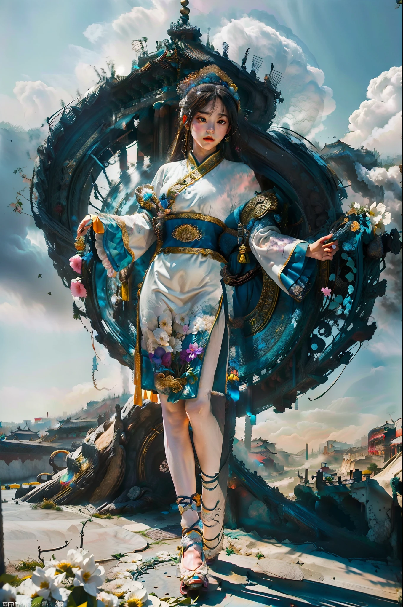 Zhong Fenghua, 1 girl, (full body:1.5) ,solo, hanfu, flower field, blossom, (white smoke:1.3) (realistic:1.4), zen entanglement, mandala, entanglement, official art, unity 8k wallpaper, super detailed, beautiful and beautiful, masterpiece, best quality, (dynamic angle: 1.4), glowing skin, (floating colorful flashes: 1) the most beautiful chaotic forms, elegance, brutalist design, bright colors, romantic depth of field,