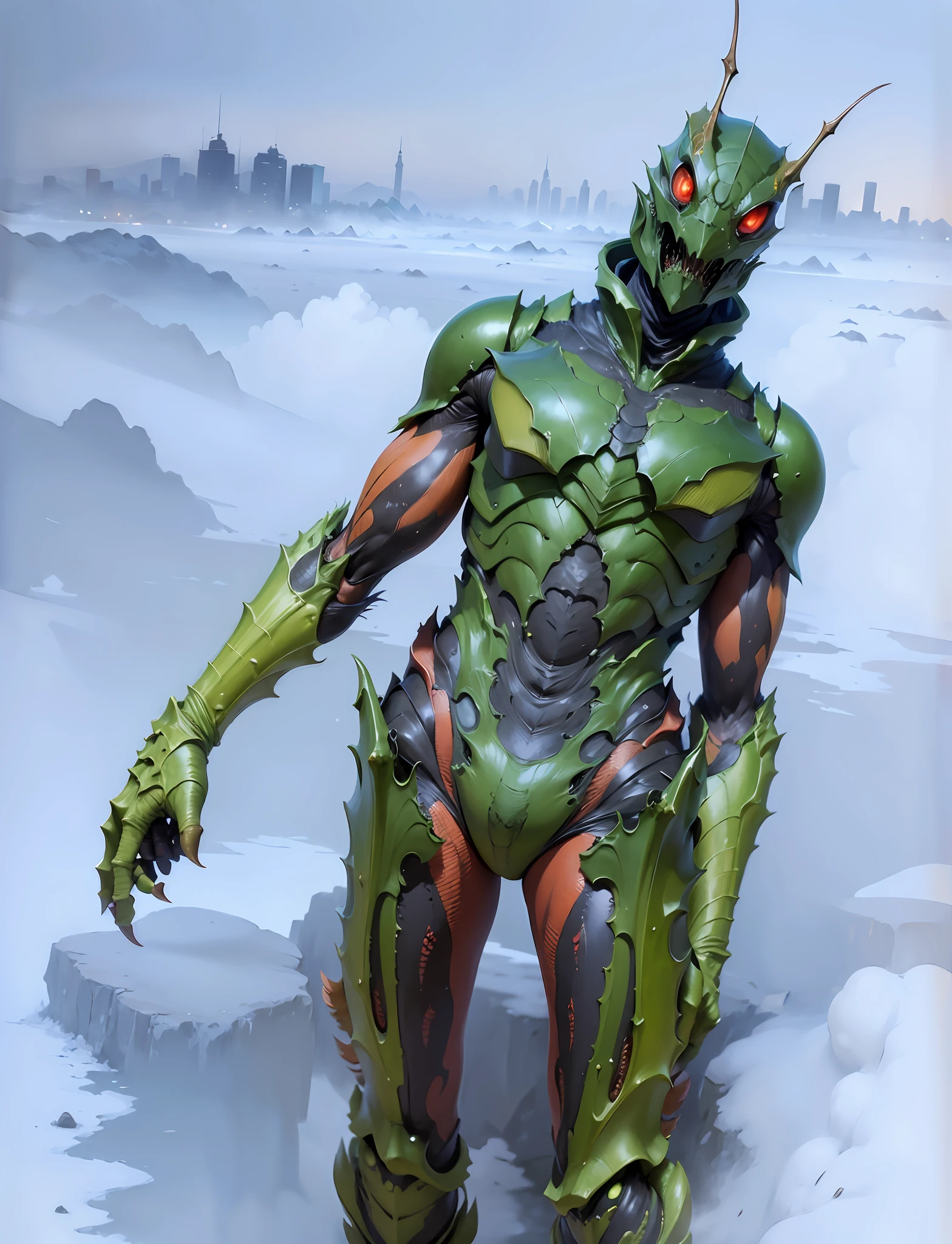 ((highest quality)), ((masterpiece)), (Details:1.4), 3D, close-up of black green and red flying locust creature, insect, guyver style, guyver, guyver dark hero, insect warrior, alien in the form of flying locusts, super detailed flying alien, insect cyborg, drooling from mouth, overall darkened skin, Ugly details, sharp claws, rough skin feeling, red muscle tissue exposed, degraded scarf on neck, giant insect eyes, fog and night urban background