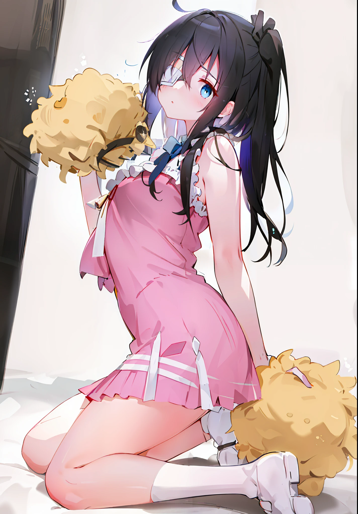 high res, masterpiece,Rikka Takanashi, black hair, solo, 1girl,outside,deatailed background, detailed eyes, ((blue eyes)), eyepatch