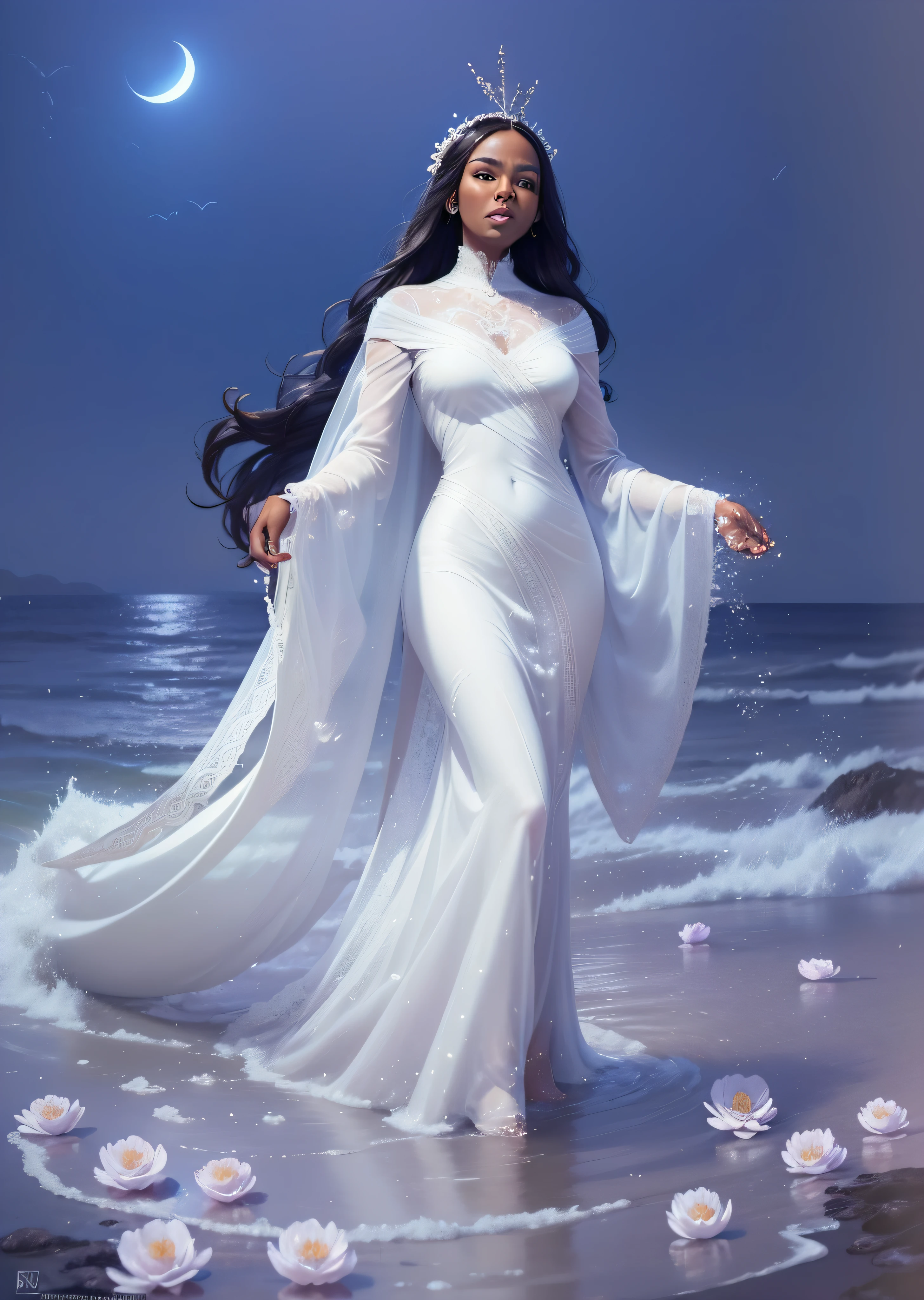 Yemanja, black woman, beautiful, walking on water in a storm, soft expression, streaks of light descending from the sky, bright pearls falling from the hands, flowers on the sea water, Moon in the background, bra-raw, high quality, high quality, highly detailed CG unit, 8k wallpaper, award-winning photos, bokeh, depth of field, HDR, bloom, chromatic aberration, realistic, very detailed, trend in artstation, trend in CGsociety, complex, high detail, dramatic, art in the middle of the journey, volumetric lighting --auto --s2