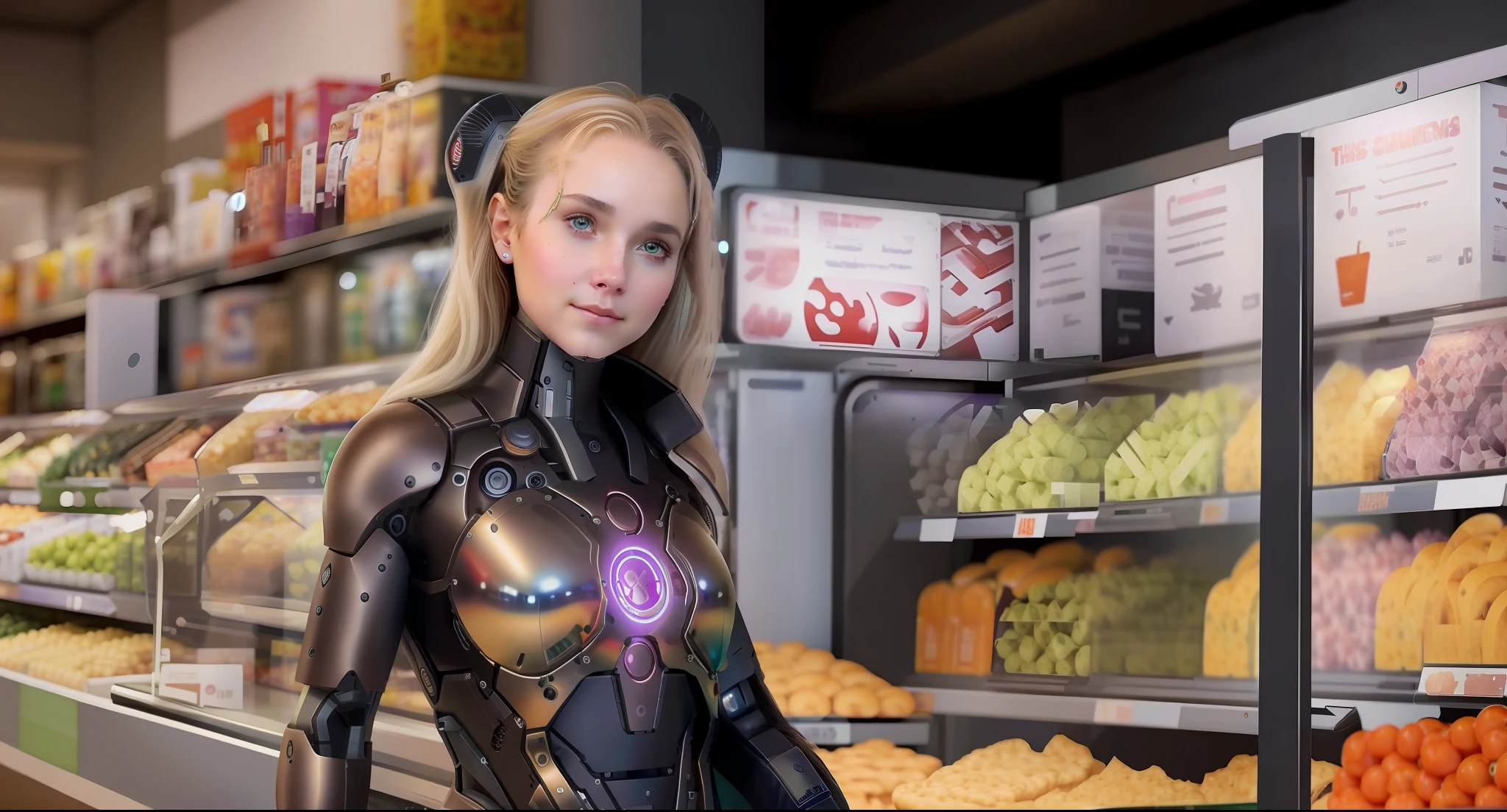 (Masterpies), the best quality, a mesmerizing cyborg girl, she stands at the checkout counter in the grocery store, scans the goods at the checkout, food racks and other customers are visible in the background, neutral dark tone.