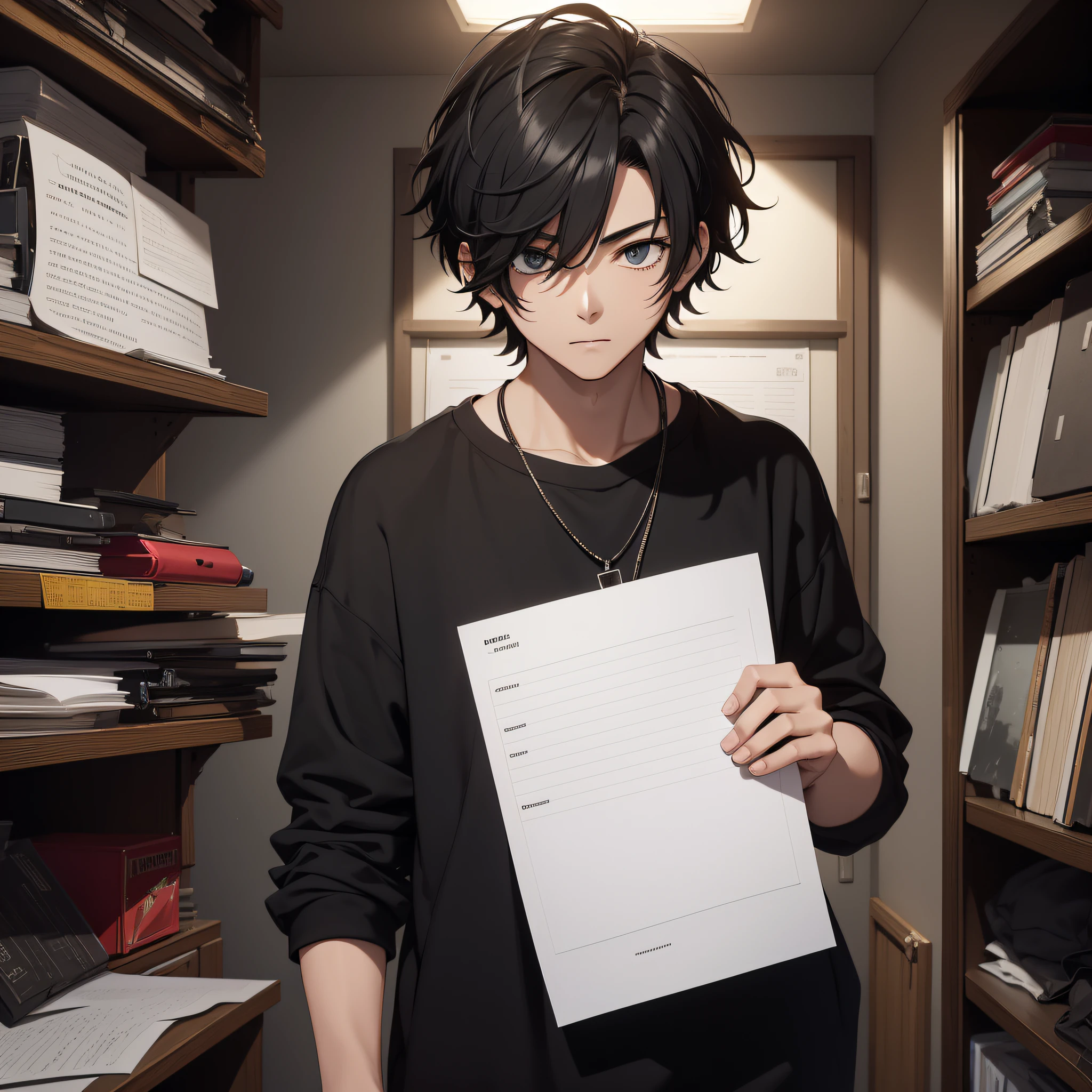 Absurd resolution, high resolution, (masterpiece: 1.4), hyper-detail, young man's messy short black hair, black casual clothes, weird room, looking at a note