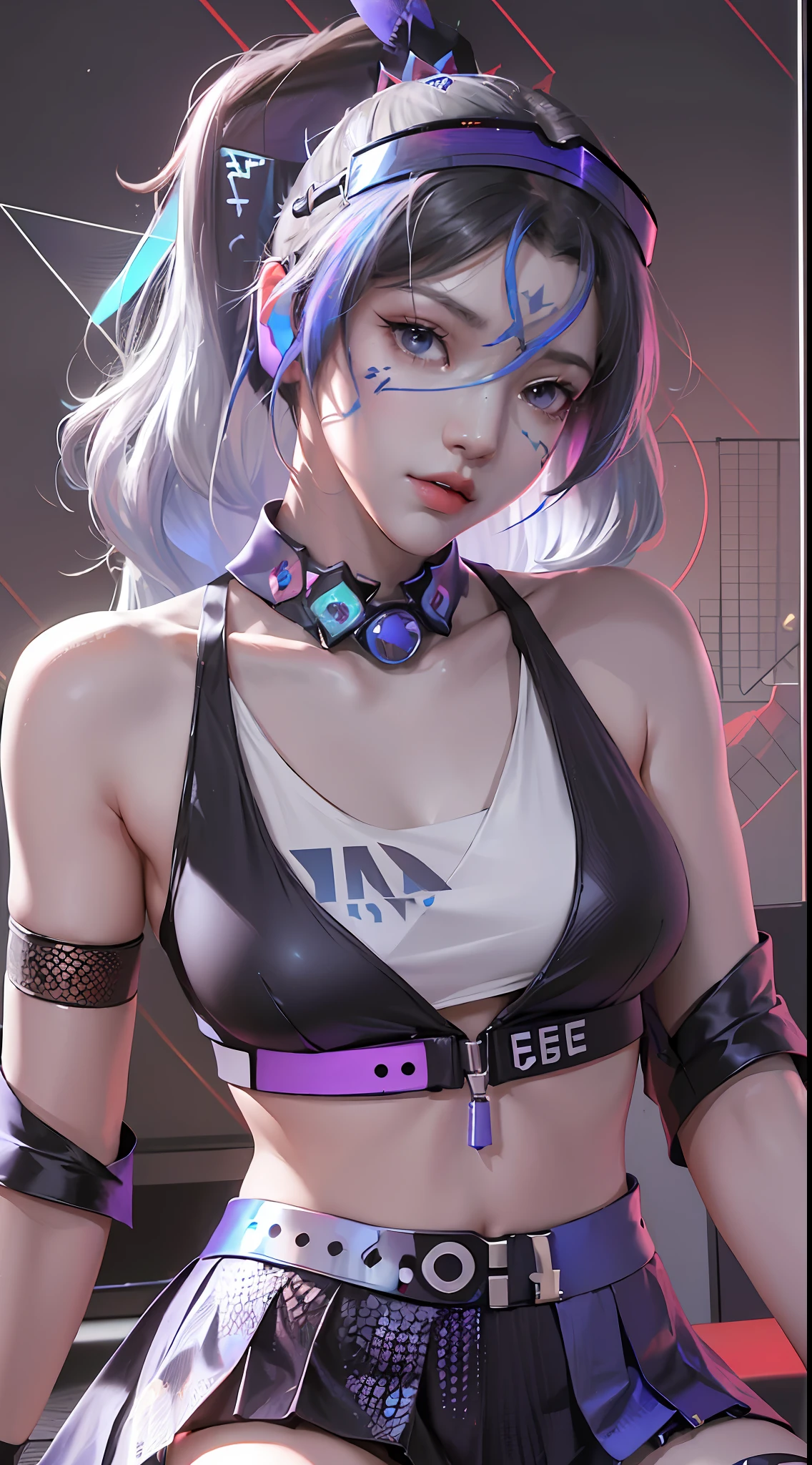 (((((7 avatar shot)))), Silver Wolf, Masterpiece, Best Quality, Ultra Detailed, Extremely Detailed 16k CG Wallpaper, Beautiful Face, (Silver Wolf in Esports Room), (Perfect Beautiful Curved Figure), Seated, Rainbow Color Jewel Eyes, Wearing Resin Hologram Sports Bra, Crop Top Drape, Mini Pleated Skirt, Bell Collar, Logo, Impotence, Contour Light, Concert, Neon Sign, Audio, Bell Collar, Esports Headset, Computer, Esports Room, Play Games, White Interior Through Red Skin, holographic projection, flat sphere, graffiti logo, highly detailed tattoo_,
Authoring information