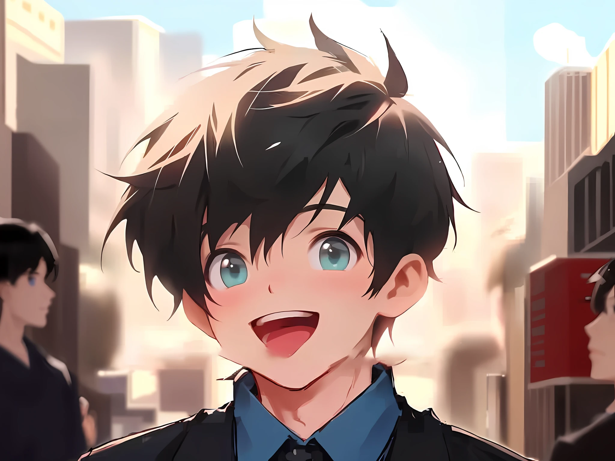 anime boy with blue eyes and black hair smiling in front of a crowd, anime boy, cute anime face, cute natural anime face, anime moe artstyle, boy has short black hair, perfect anime face, high quality anime artstyle, extremely cute anime girl face, detailed anime soft face, young anime man, [[[[grinning evily]]]]