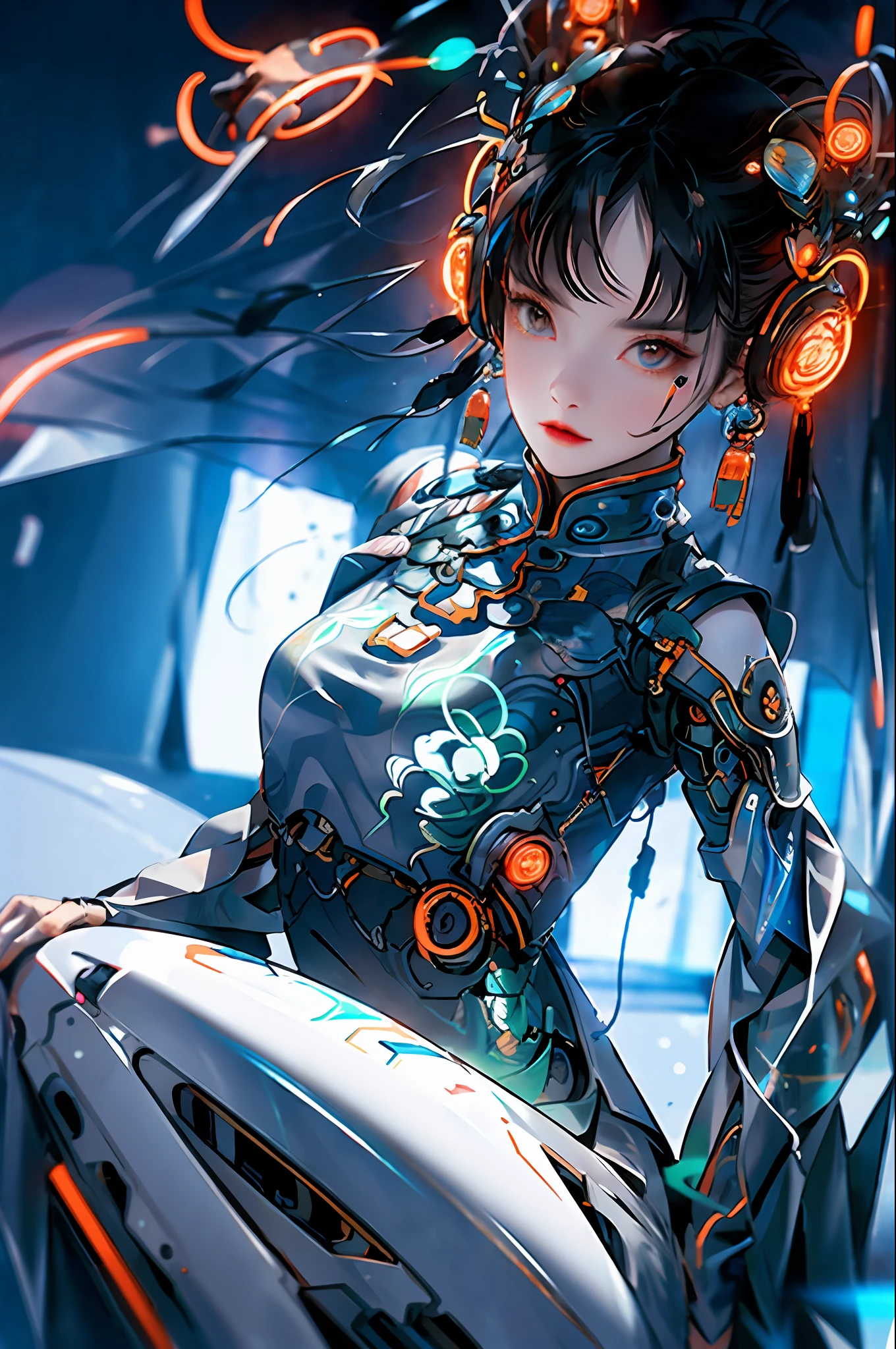 1 girl, Chinese_clothes, white and orange, cyberhan, cheongsam, cyberpunk city, dynamic pose, glowing headphones, glowing hair accessories, long hair, glowing earrings, glowing necklace, cyberpunk, high-tech city, full of mechanical and futuristic elements, futurism, technology, glowing neon, orange, orange light, laser, digital background city sky, big moon, with vehicles, best quality, masterpiece, 8K, character edge light, super high detail, high quality, high quality, the most beautiful woman in man