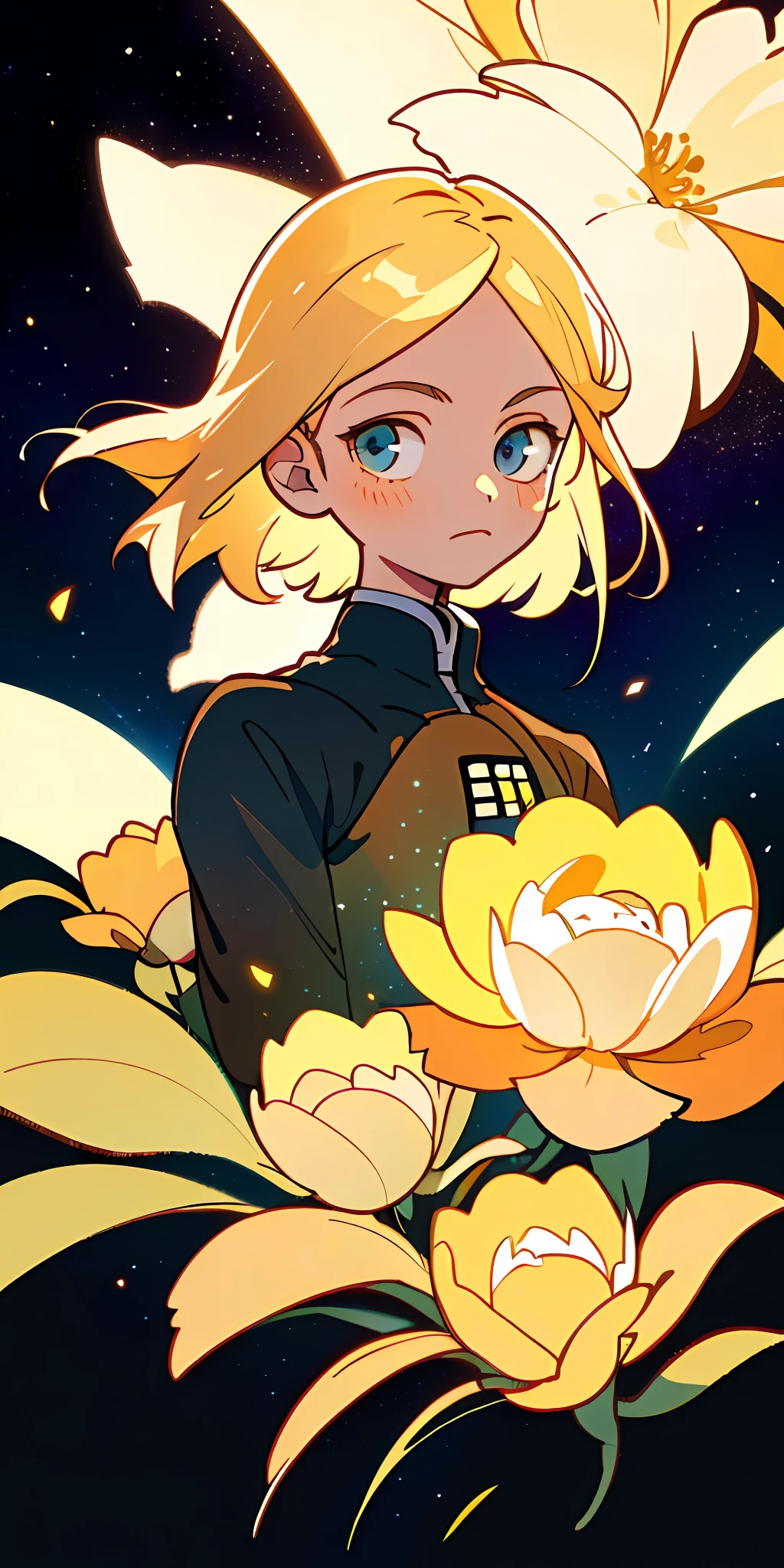 (best quality, masterpiece), 1girl, particle, wind, flower, upper body, dark simple background, looking at viewer, blonde, galaxy