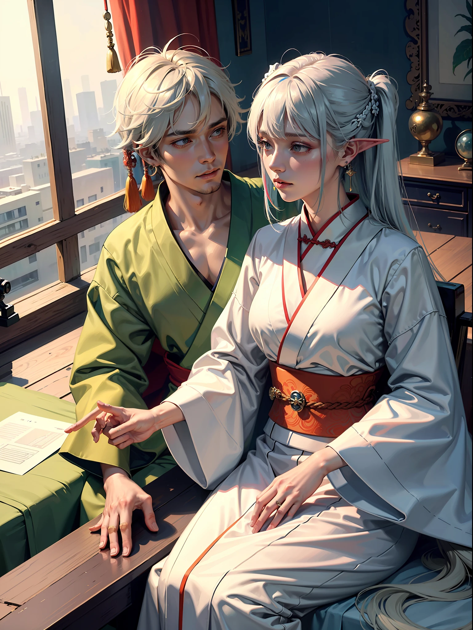 Concept Art, "1 Couple, Male Focus, Fin Ears, Multicolored Hair, Handsome Boy, Long White Hair, Tassels, Bangs, Carp, Colorful, Bold Colors, White Kimono, (Open) Kimono, Traditional Chinese Clothing, Close-up, Intimate Interaction in Bed, Stud Earrings, Rings, Sweat, Illuminate People", Colorful, Master Composition, Focus on Key Figures, Realism, Masterpiece, Award-Standing, Best Quality, Masterpiece, Ultra Detailed, 8K, Extremely Detailed CG Unity 8k wallpaper, complex, highly detailedrealistic