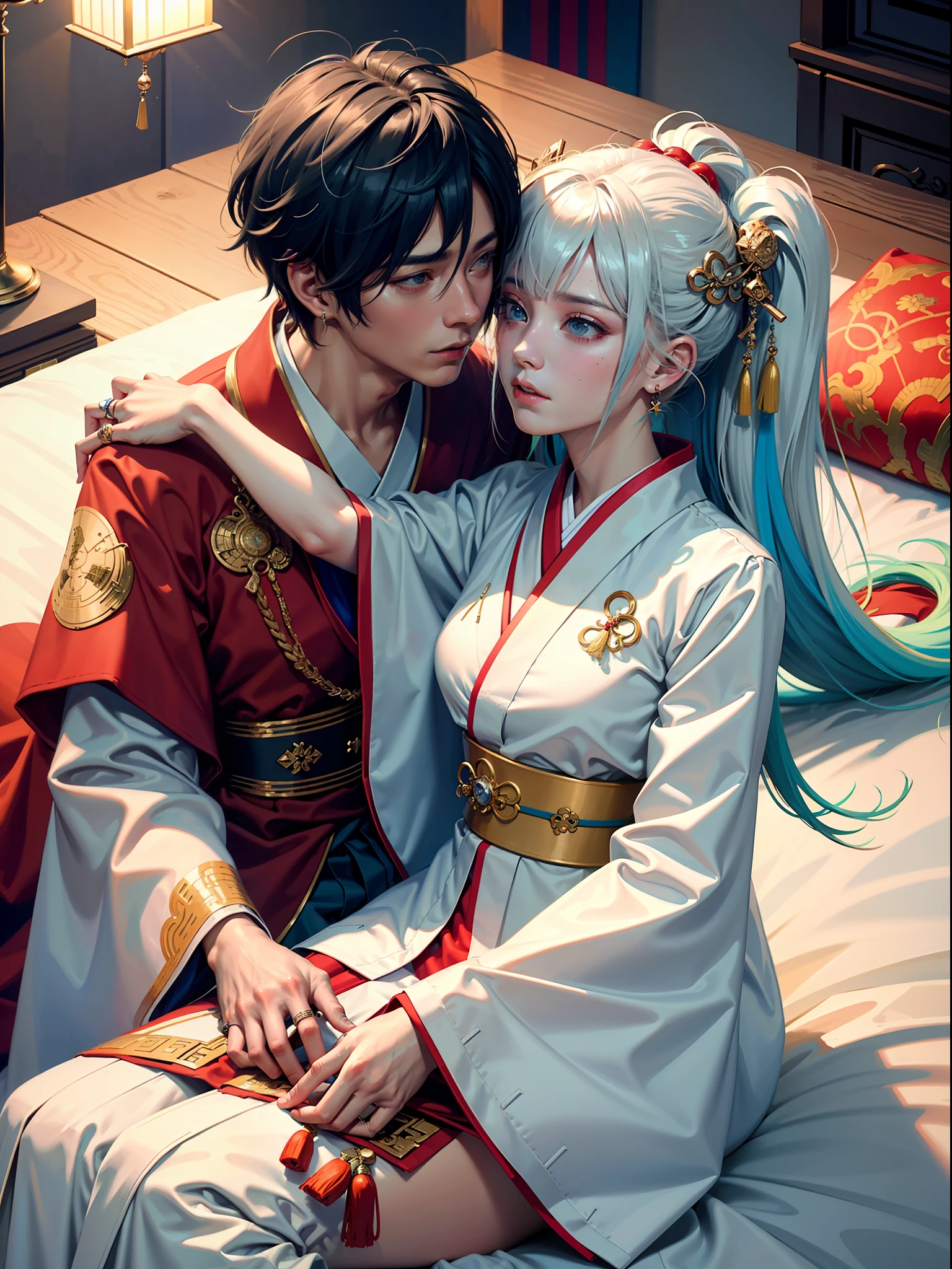 Concept Art, "1 Couple, Male Focus, Fin Ears, Multicolored Hair, Handsome Boy, Long White Hair, Tassels, Bangs, Carp, Colorful, Bold Colors, White Kimono, (Open) Kimono, Traditional Chinese Clothing, Close-up, Intimate Interaction in Bed, Stud Earrings, Rings, Sweat, Illuminate People", Colorful, Master Composition, Focus on Key Figures, Realism, Masterpiece, Award-Standing, Best Quality, Masterpiece, Ultra Detailed, 8K, Extremely Detailed CG Unity 8k wallpaper, complex, highly detailedrealistic