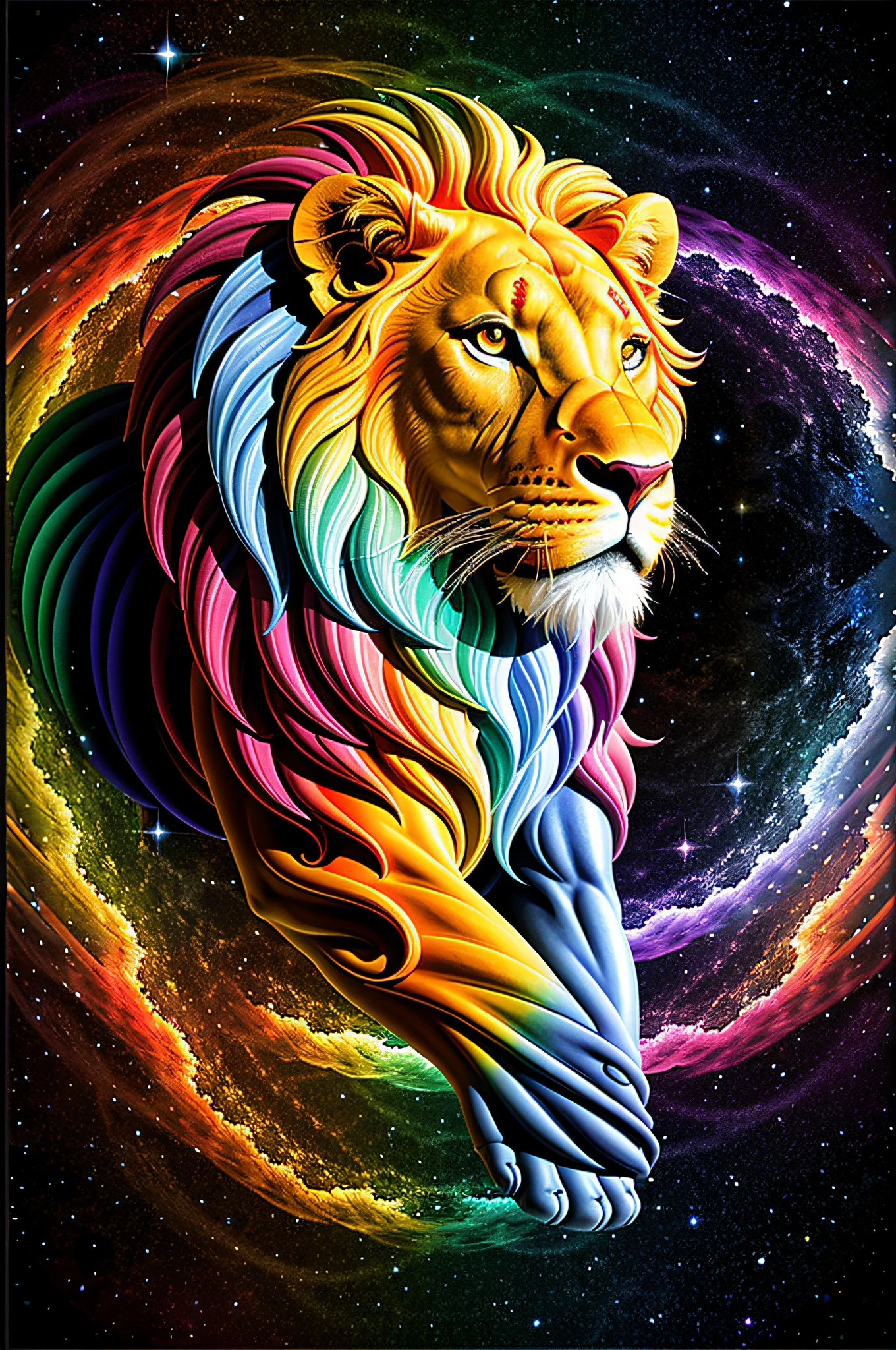 absurd, ultra detailed, Create an image using a prism effect, with light refraction and creating a colorful and kaleidoscopic appearance. Create an image with fisheye lens effect, capturing a wide field of view with a distinct, curved perspective. Capture of a lion with imposing Greek sculpture style expression, with a beautiful nebula in the colors baby blue and purple, conveying a sense of tranquility and natural beauty. , Illustrate a monochromatic world, convey depth, emotion and a stunning visual impact.