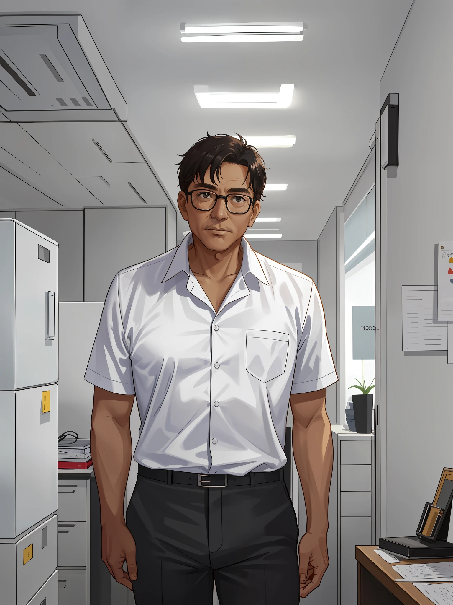 A 50-year-old man wearing a white shirt and black pants stands in his office