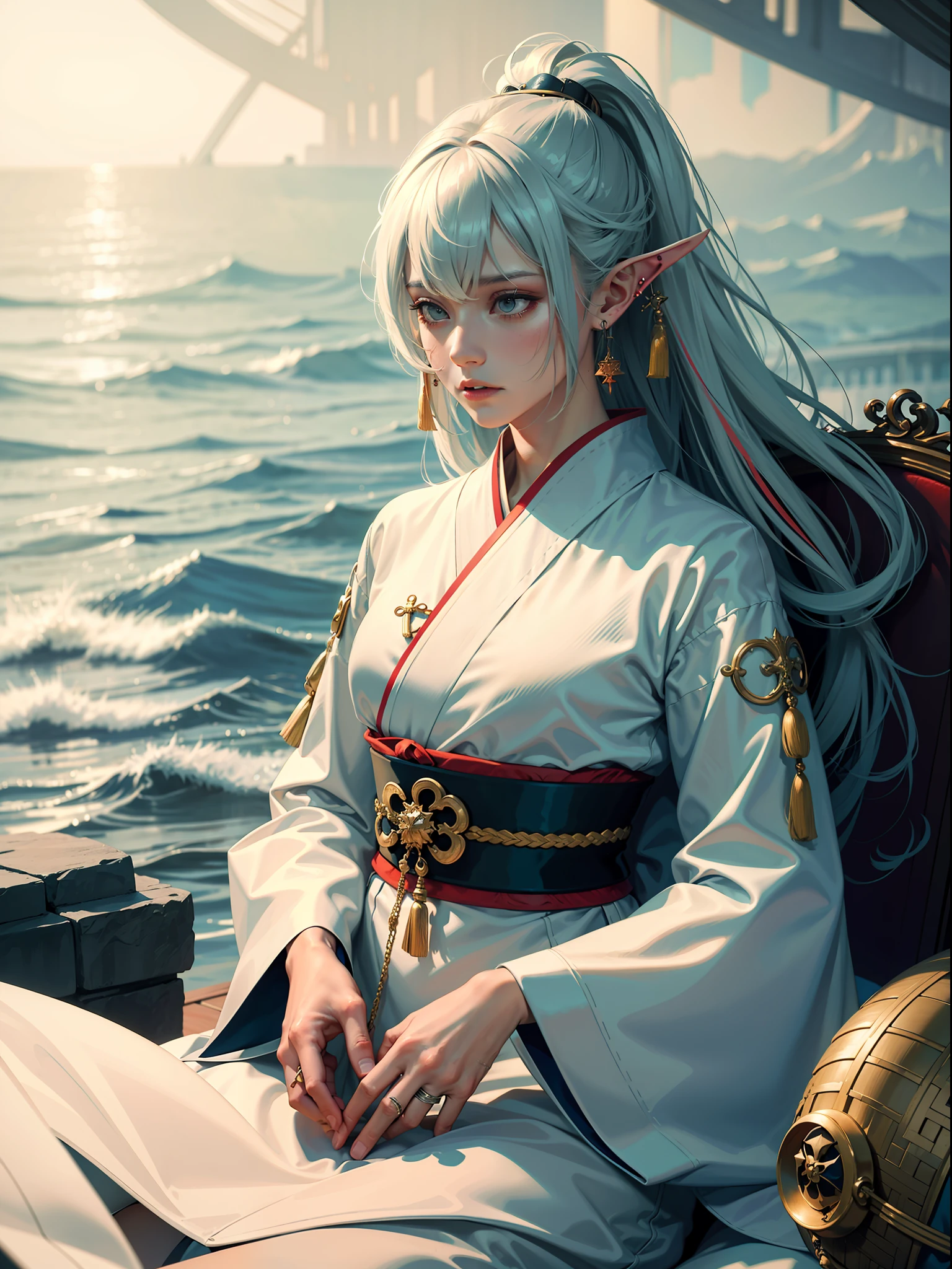 Concept Art, "1 Couple, Male Focus, Fin Ears, Multicolored Hair, Handsome Boy, Long White Hair, Tassels, Bangs, Carp, Colorful, Bold Colors, White Kimono, (Open) Kimono, Traditional Chinese Clothing, Close-up, Intimate Interaction in Bed, Stud Earrings, Rings, Sweat, Illuminate People", Colorful, Master Composition, Focus on Key Figures, Realism, Masterpiece, Award-Standing, Best Quality, Masterpiece, Ultra Detailed, 8K, Extremely Detailed CG Unity 8k wallpaper, complex, highly detailedrealistic