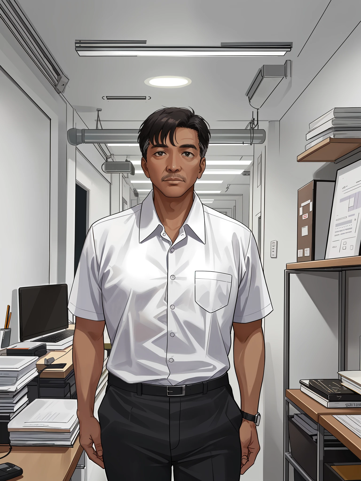 A 50-year-old man wearing a white shirt and black pants stands in his office